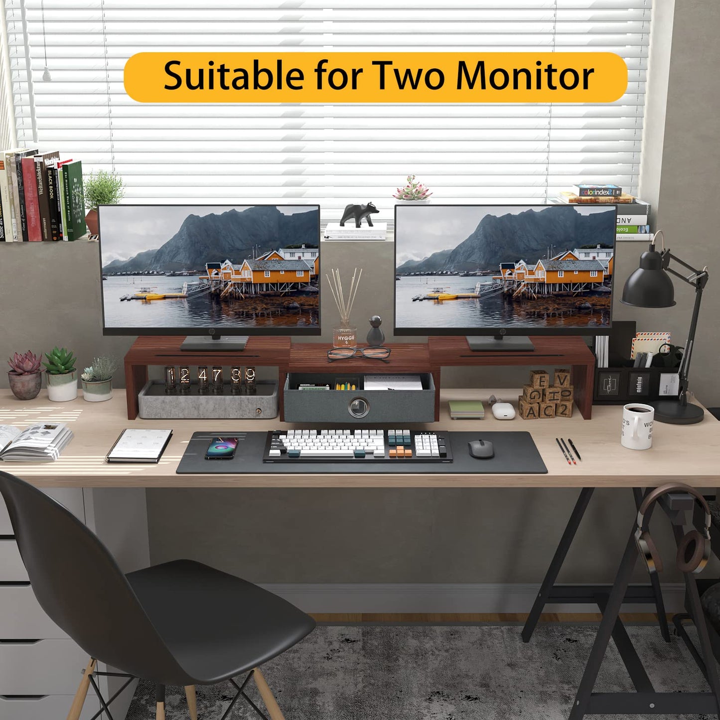 WESTREE Dual Monitor Stand Riser with Drawer - Adjustable Length and Angle, 2 Phone Hold, Desktop