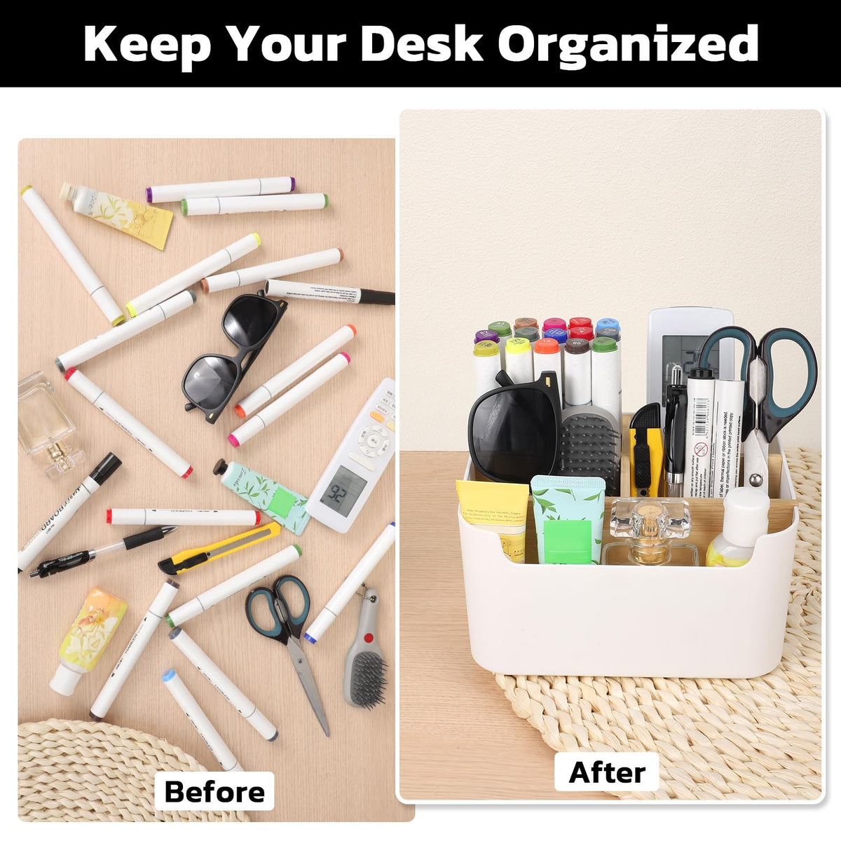 Segarty Desk Storage Box, Divided Bamboo Desktop Organizer, Pencil Holder, Detachable Pen Holder