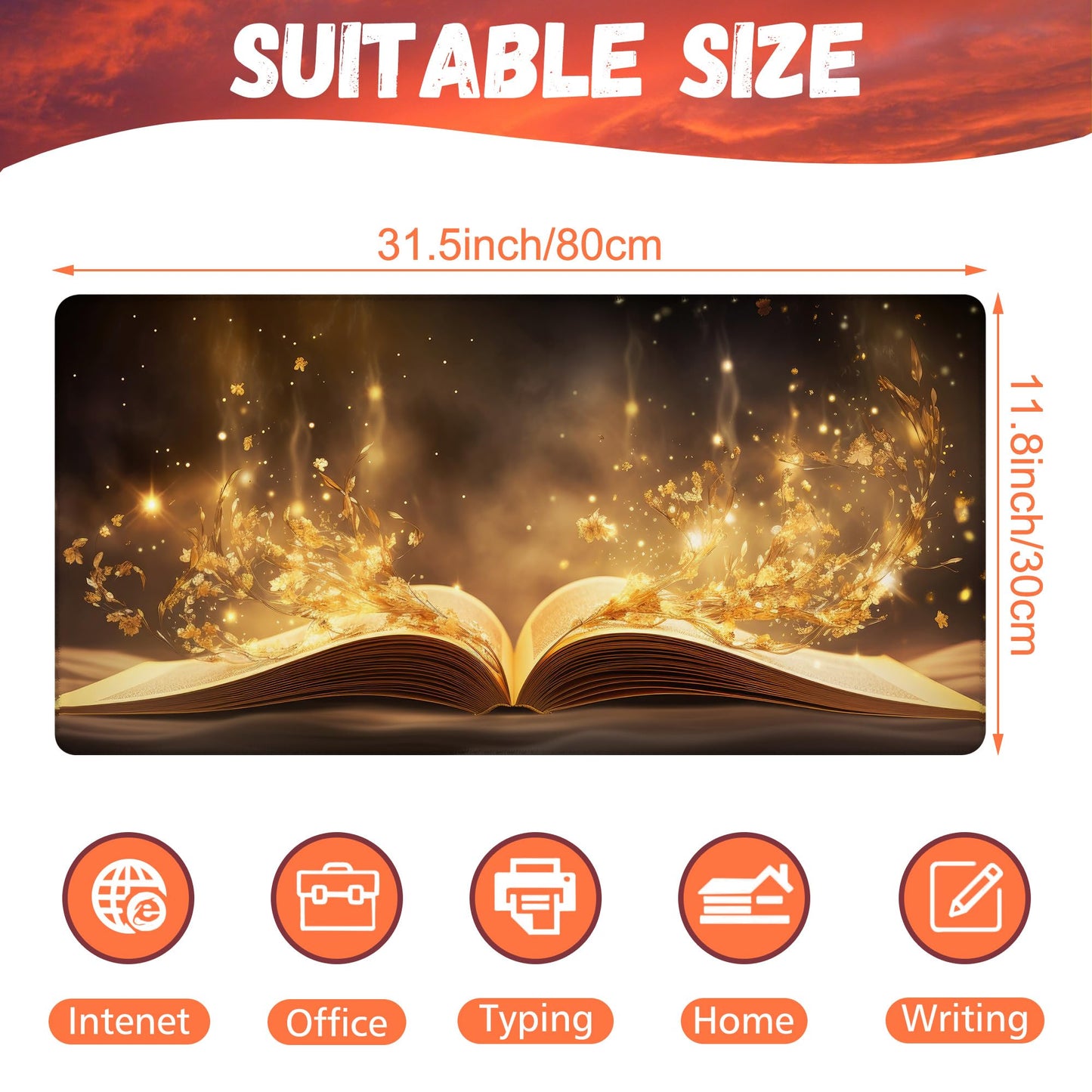 KOAIWPAE Desk Pad, Golden Magic Book Desk Mat, Fantasy Books Large Gaming Mouse Pad, 31.5"x15.7"