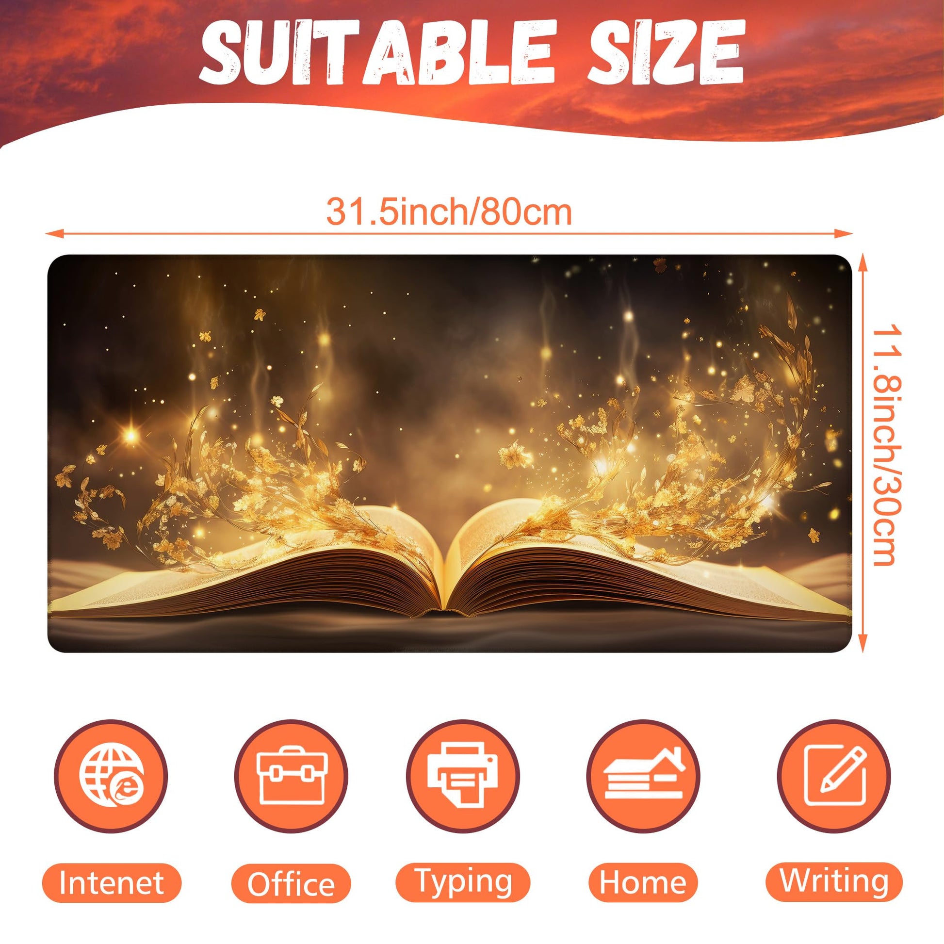 KOAIWPAE Desk Pad, Golden Magic Book Desk Mat, Fantasy Books Large Gaming Mouse Pad, 31.5"x15.7"