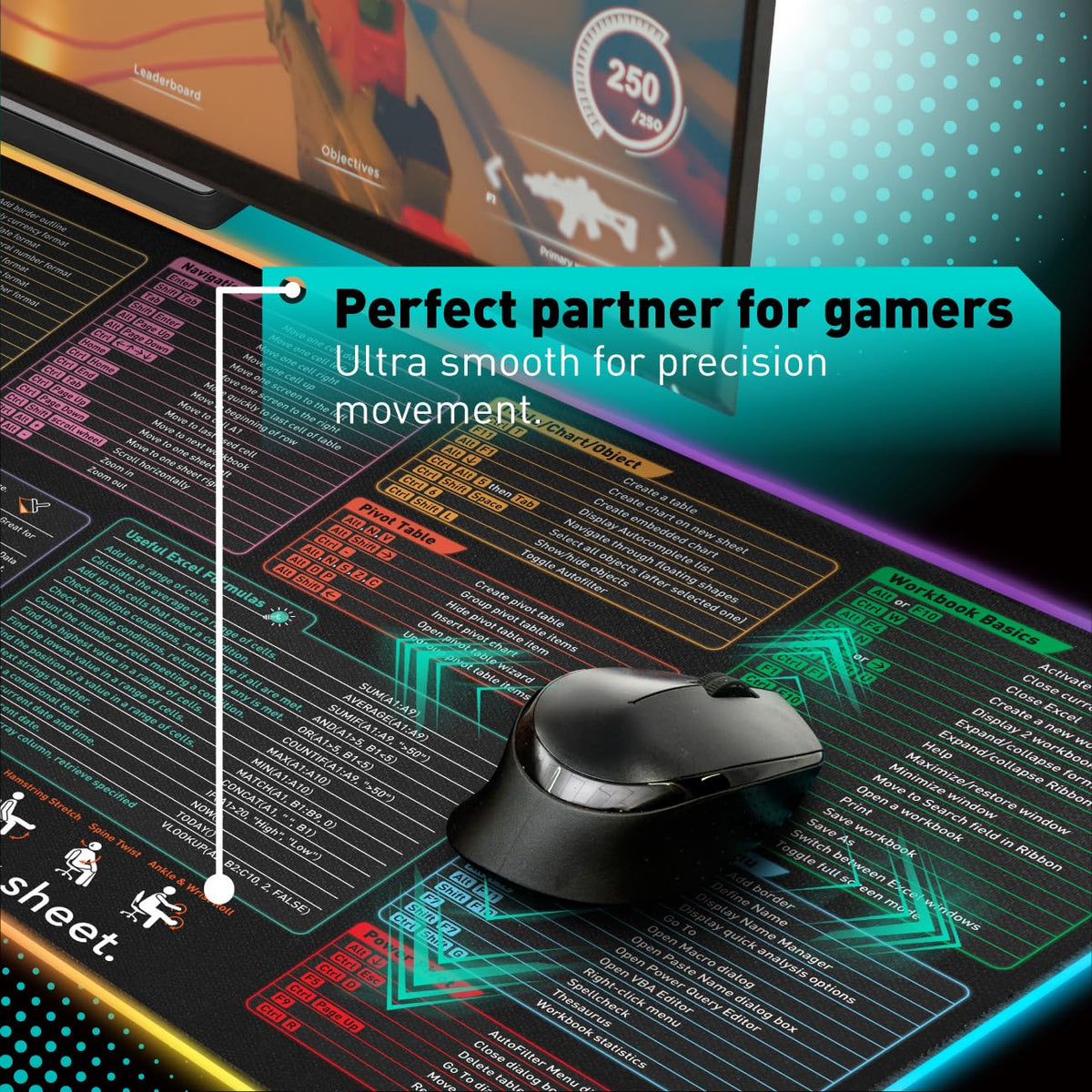 Excel Cheat Sheet LED Desk Pad | Excel Shortcut Keys Mouse Pad - Colorful RGB Luminous Extended