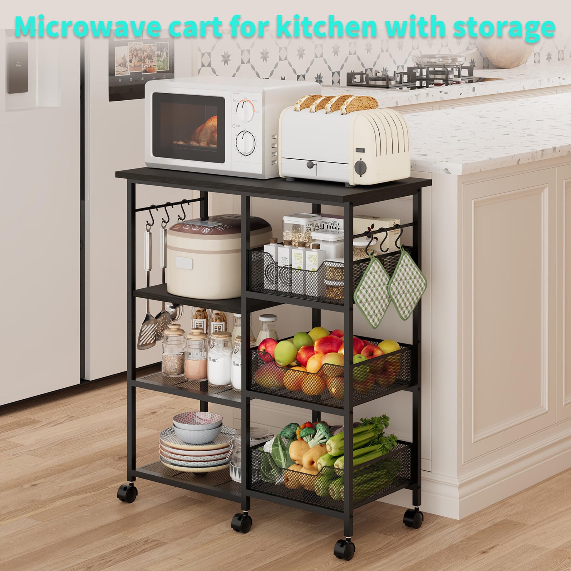 HapiRm Rolling Kitchen Carts with Storage - Microwave Table Stand with 6 Hooks & 3 Baskets, kitchen