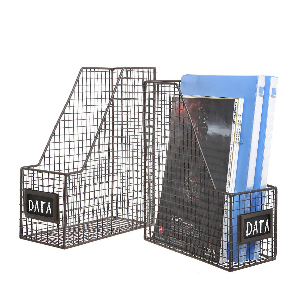 MyGift Wire Magazine Holder Set of 2, Brown File Storage Bin with Label