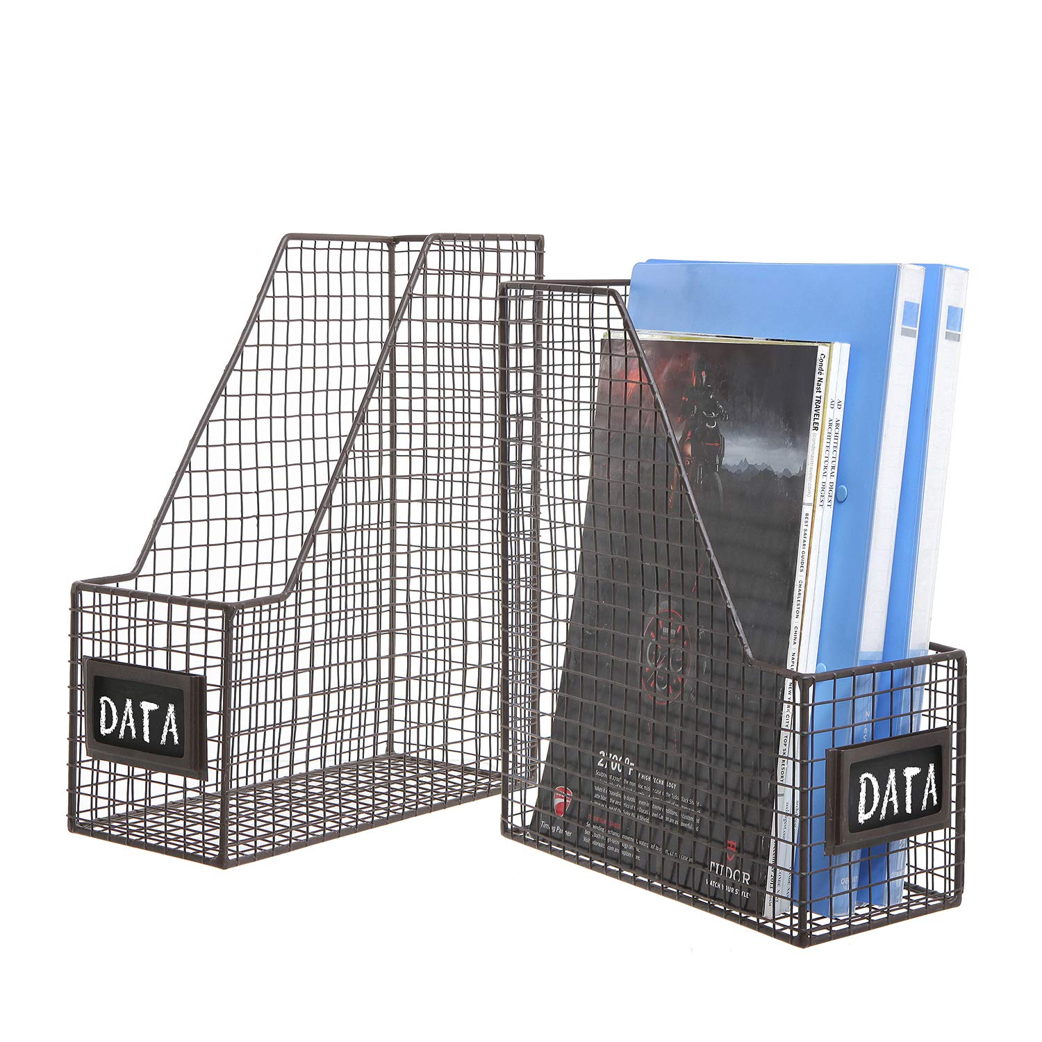 MyGift Wire Magazine Holder Set of 2, Brown File Storage Bin with Label