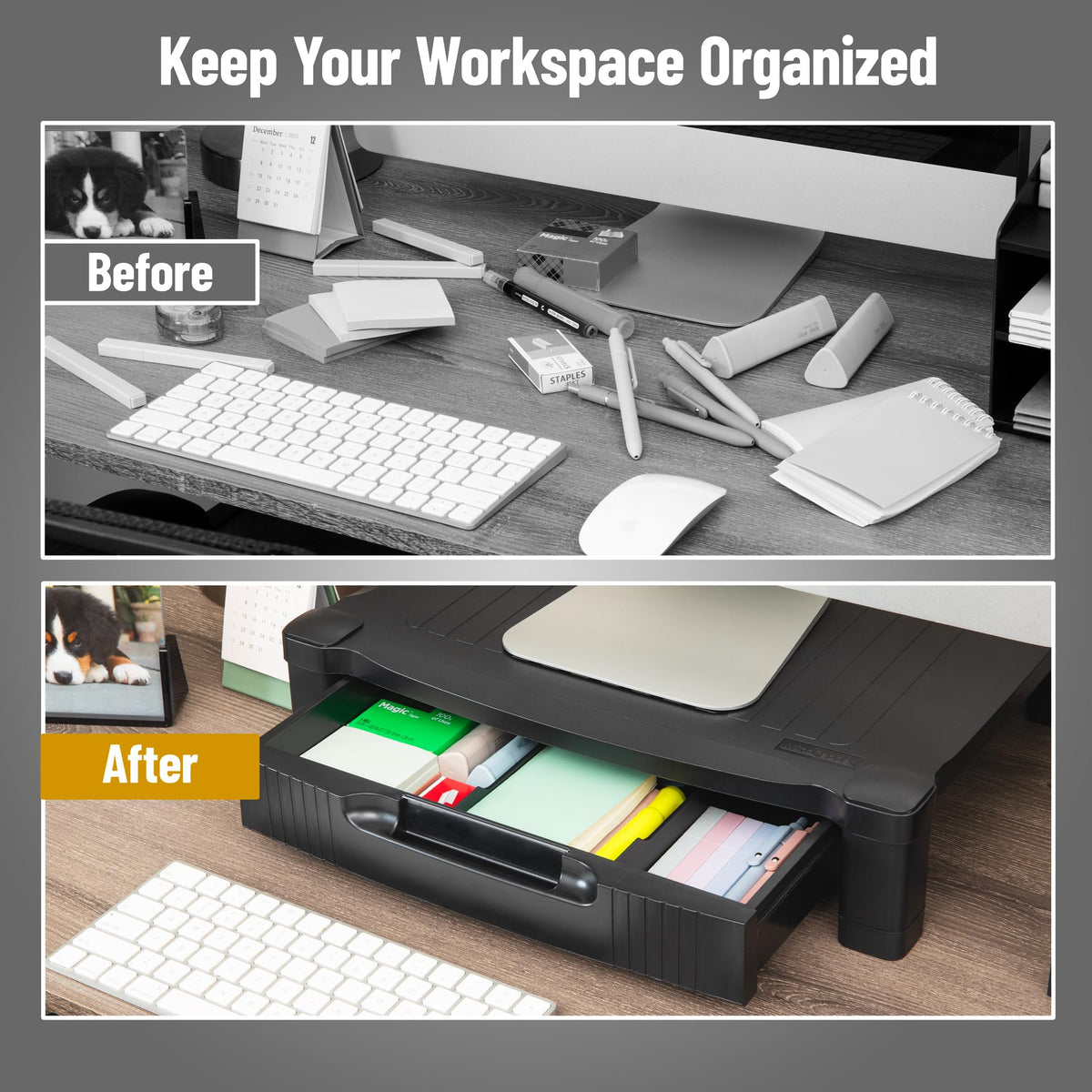 Mind Reader Monitor Stand, Storage Drawer, Desktop Organizer, Laptop Riser, Office, 17.25"L x