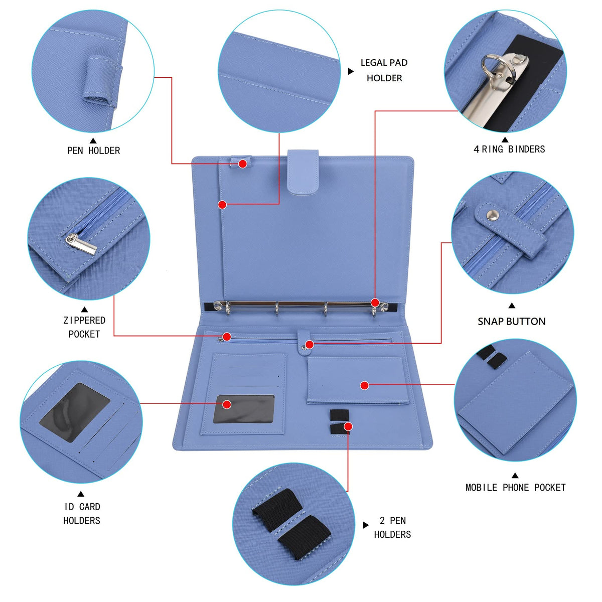 Wonderpool A4 PU Leather 3 & 4 Ring Holder Writing Portfolio Multi Document Case with Removable