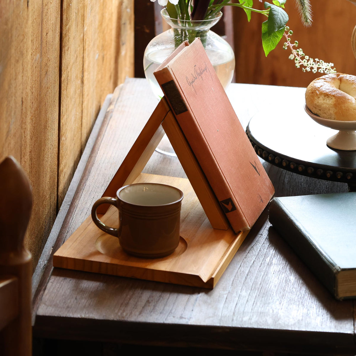 LITIVY Wooden Triangle Bookmark, Small Bookshelf with Drink Holder, Wood Book Reading Rest with