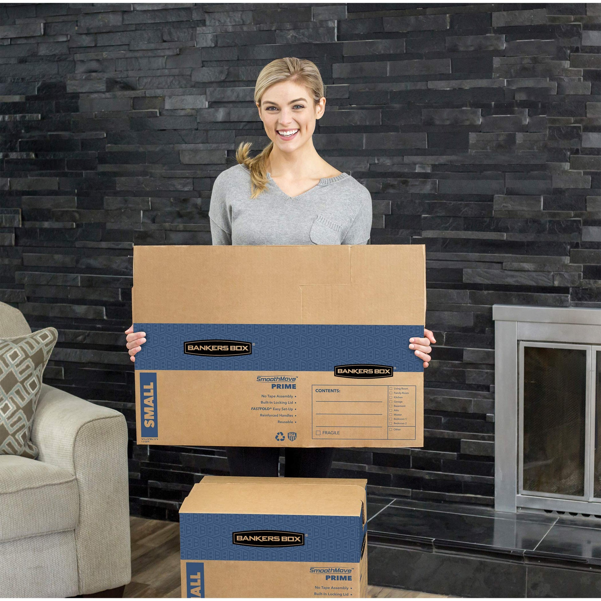Bankers Box Small Prime Moving Box 5 Pack, Reinforced Handles, Tape-Free Assembly, Attached Lid