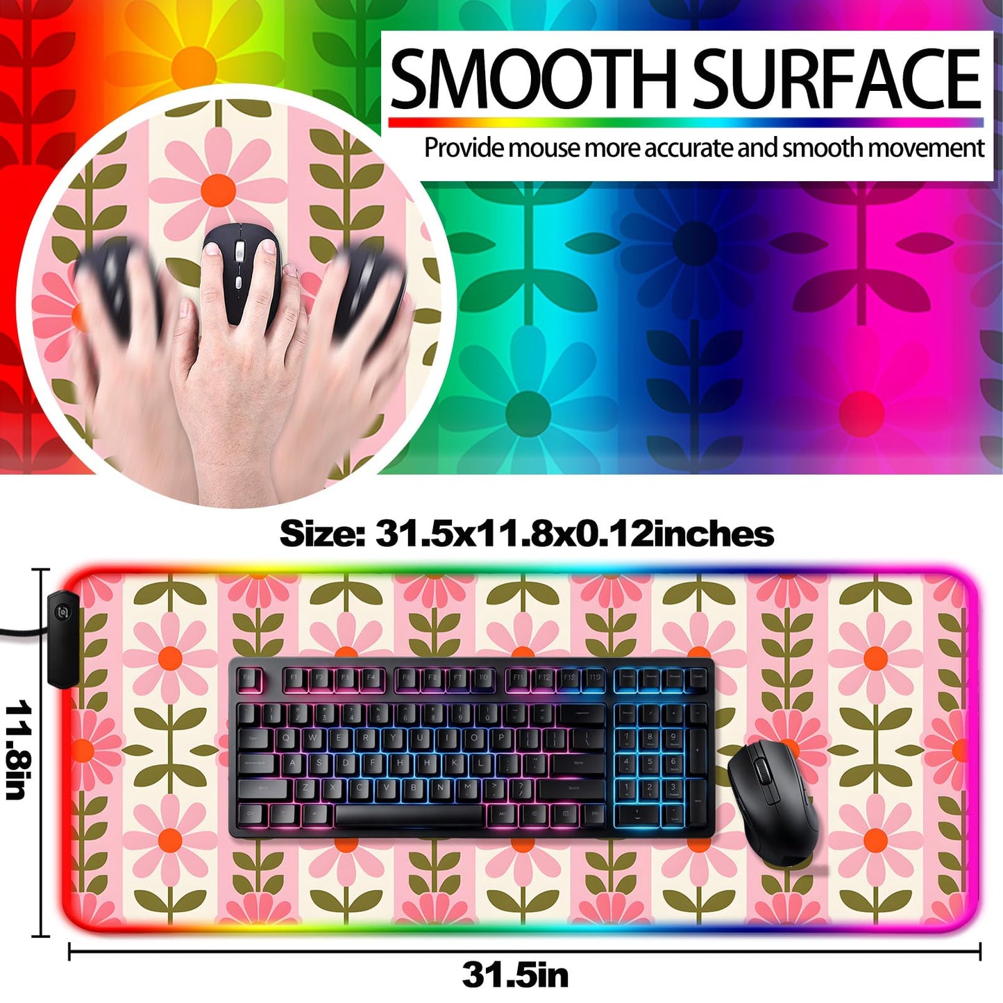 JIANG100 RGB Vintage Pink Flower Gaming Desk Mat, XL Floral Mouse Pad