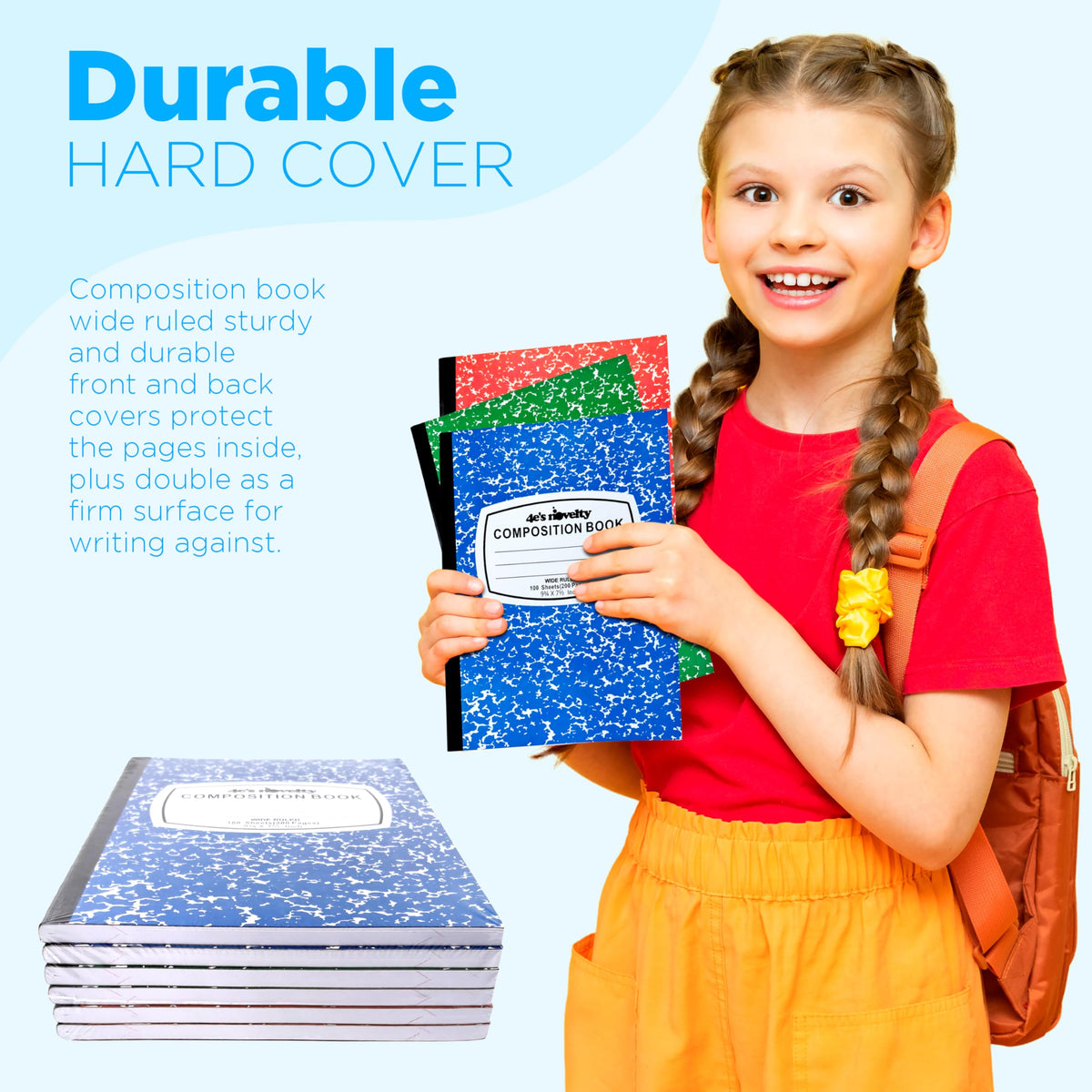 4E's Novelty Wide Ruled Composition Notebooks - Pack of 6- Hard Cover 100 Sheets 9.75" x 7.5" - Red