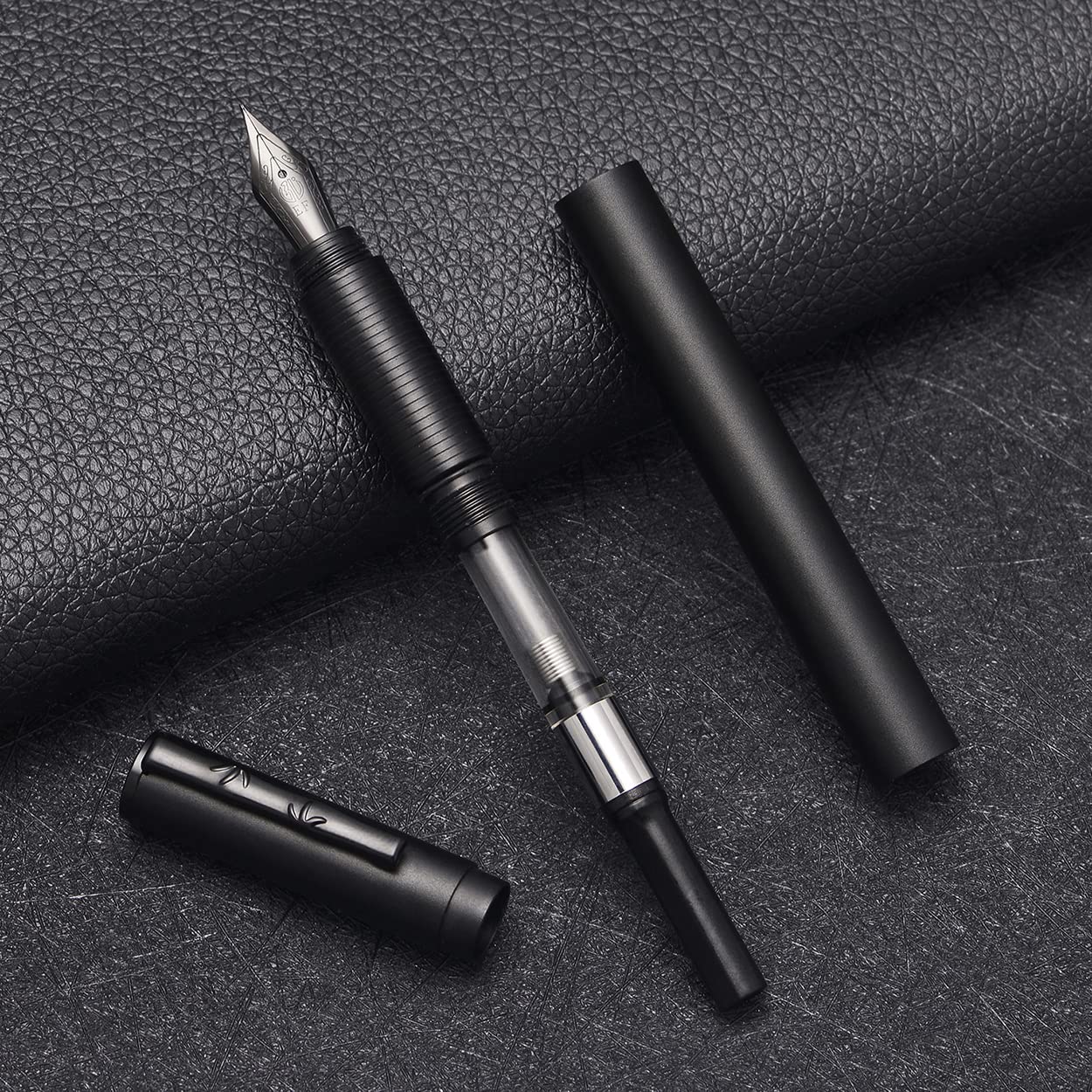 Hongdian H3 Fountain Pen Titanium Black Bent Nib with Bamboo Pen Clip, Black Aluminum Alloy Writing