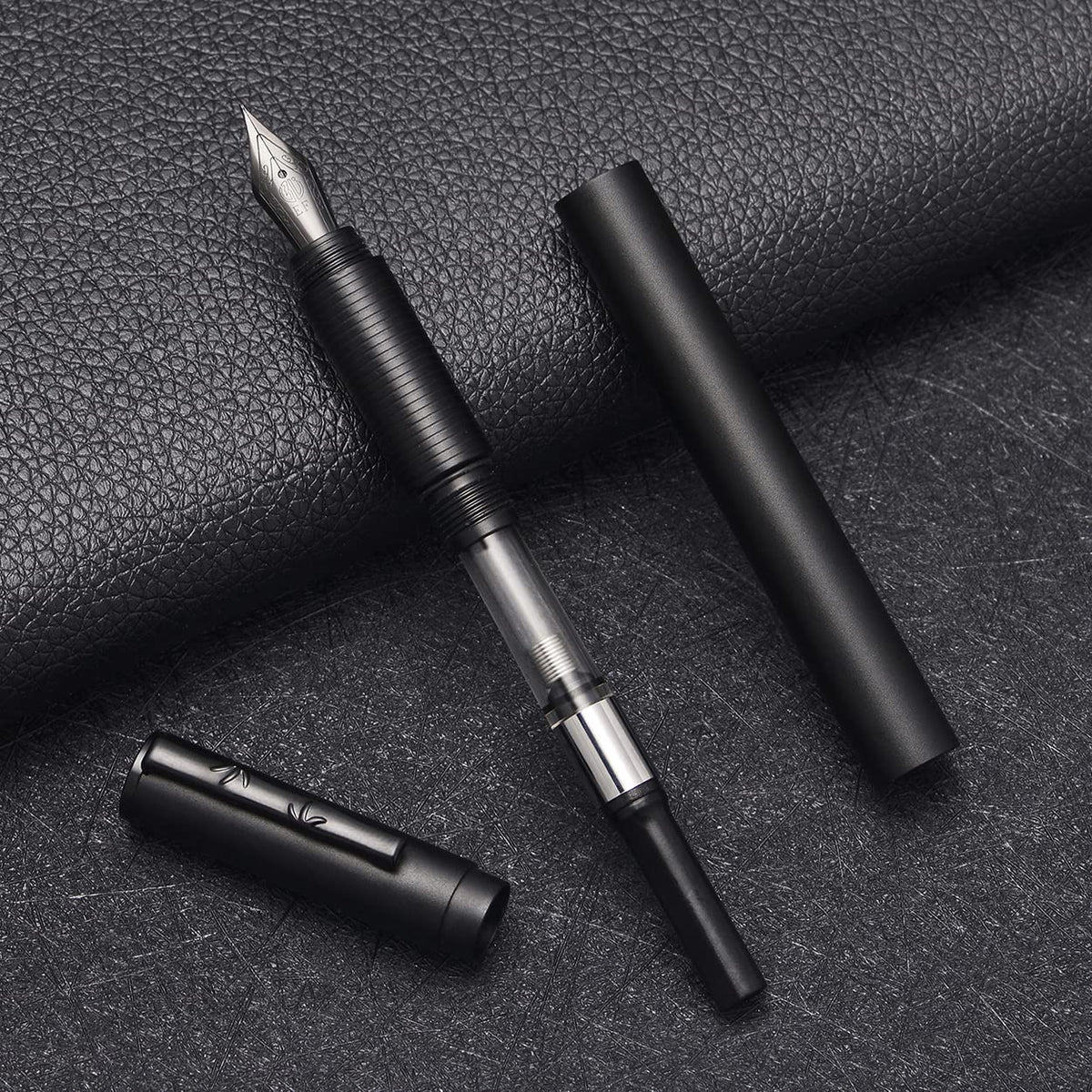 Hongdian H3 Fountain Pen Titanium Black EF Nib with Bamboo Pen Clip, Black Aluminum Alloy Writing