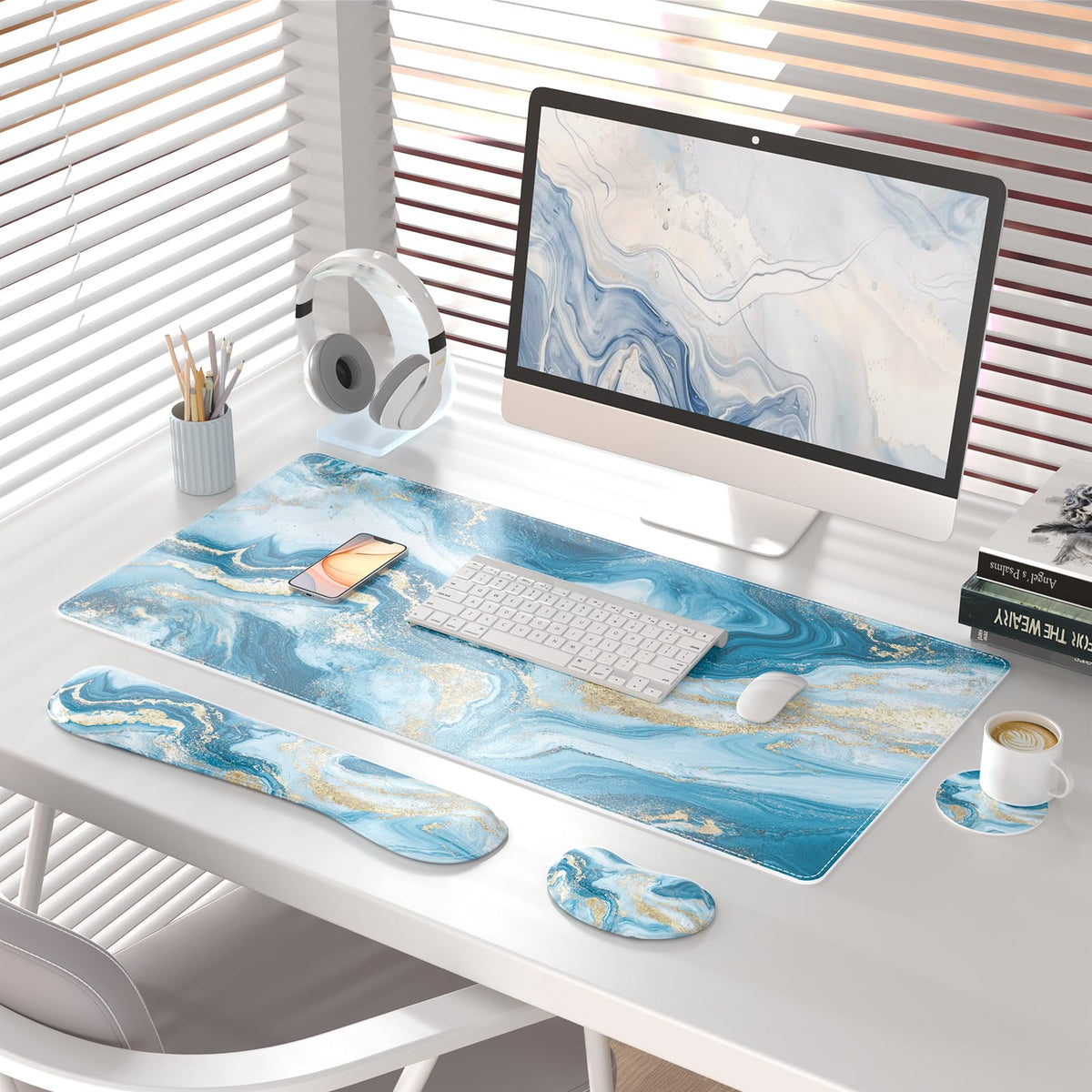 QiyI PU Leather Desk Mat Set, 4-in-1 Ergonomic Wrist Rest, Blue Fluid Art
