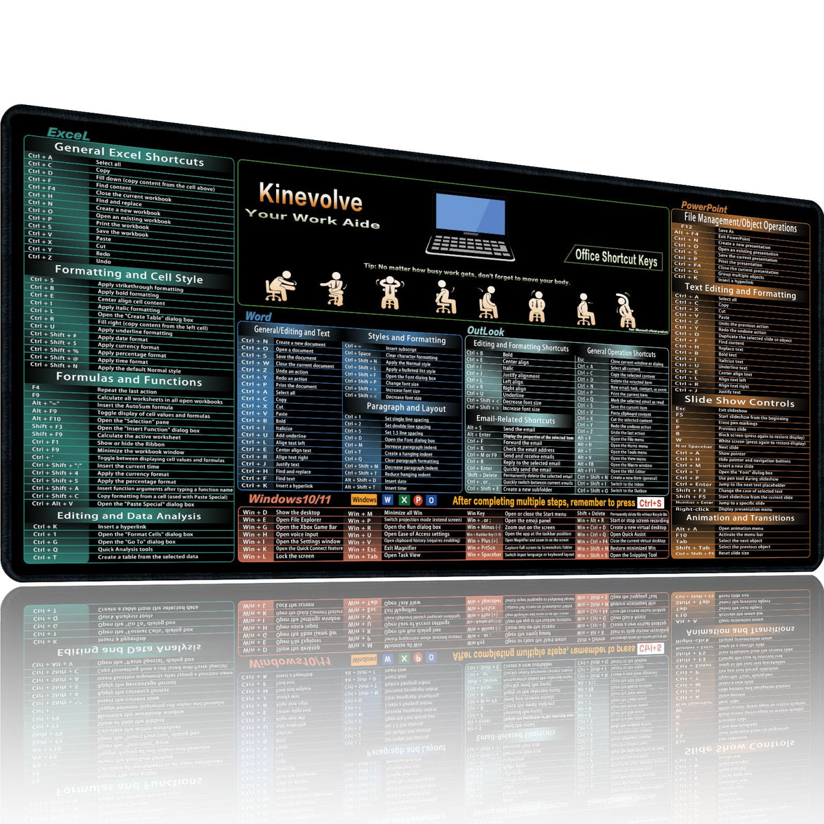 Kinevolve Mouse Pad for Excel/Word/Outlook/PowerPoint Cheat Sheet, Extended Large XL Office