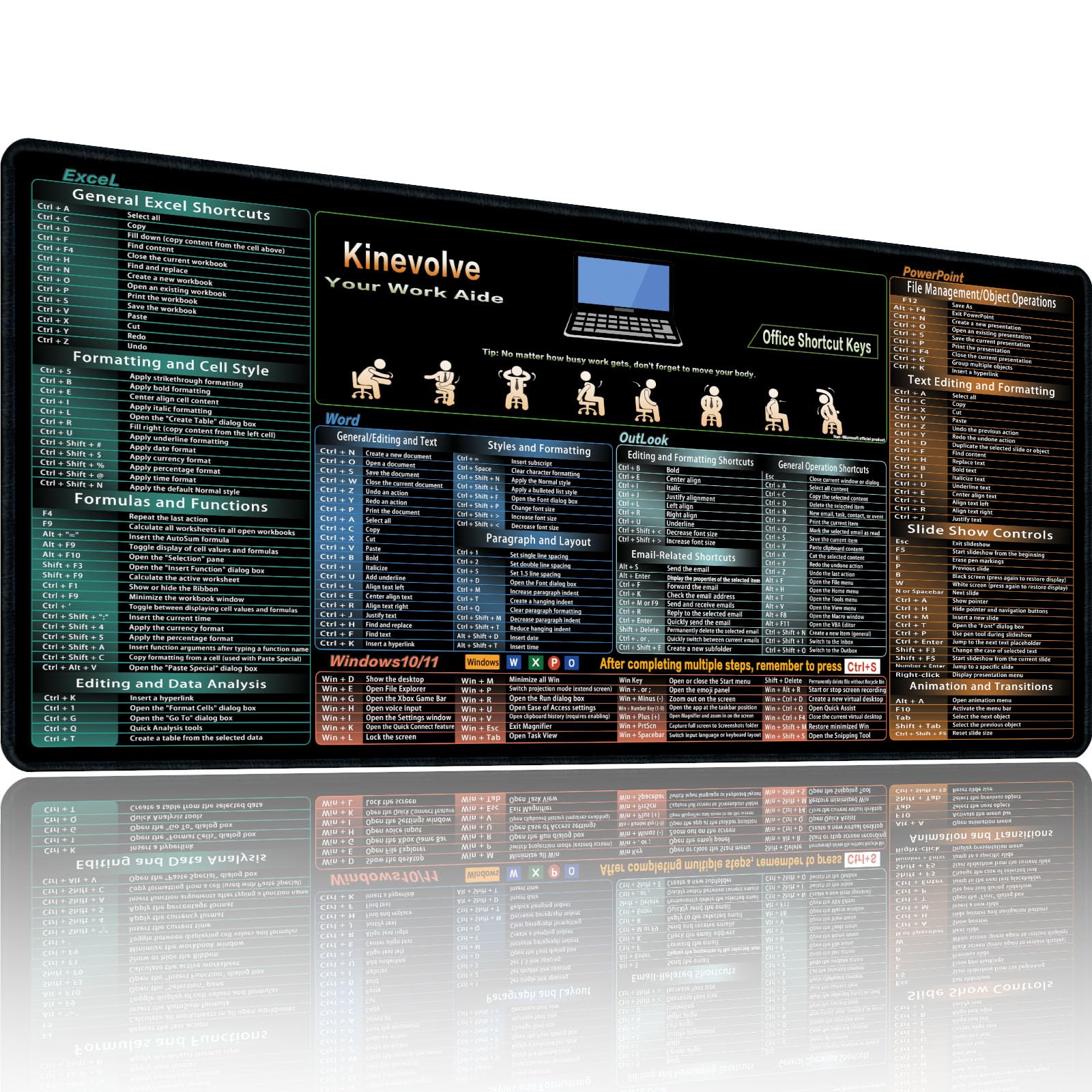 Kinevolve Mouse Pad for Excel/Word/Outlook/PowerPoint Cheat Sheet, Extended Large XL Office