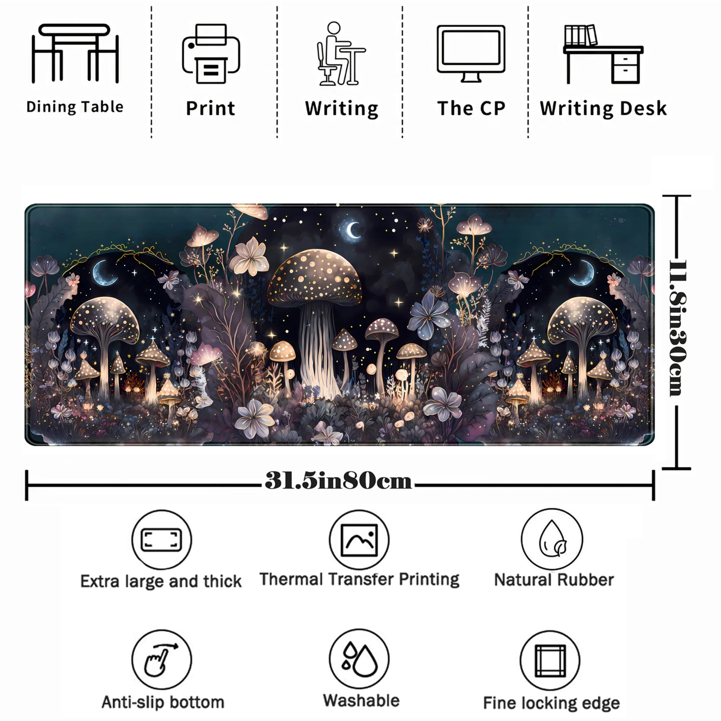 Teng DA Qing Cute Dark Mushroom Moon Night Mouse Pad XL Extended Gaming Mat with Stitched Edges
