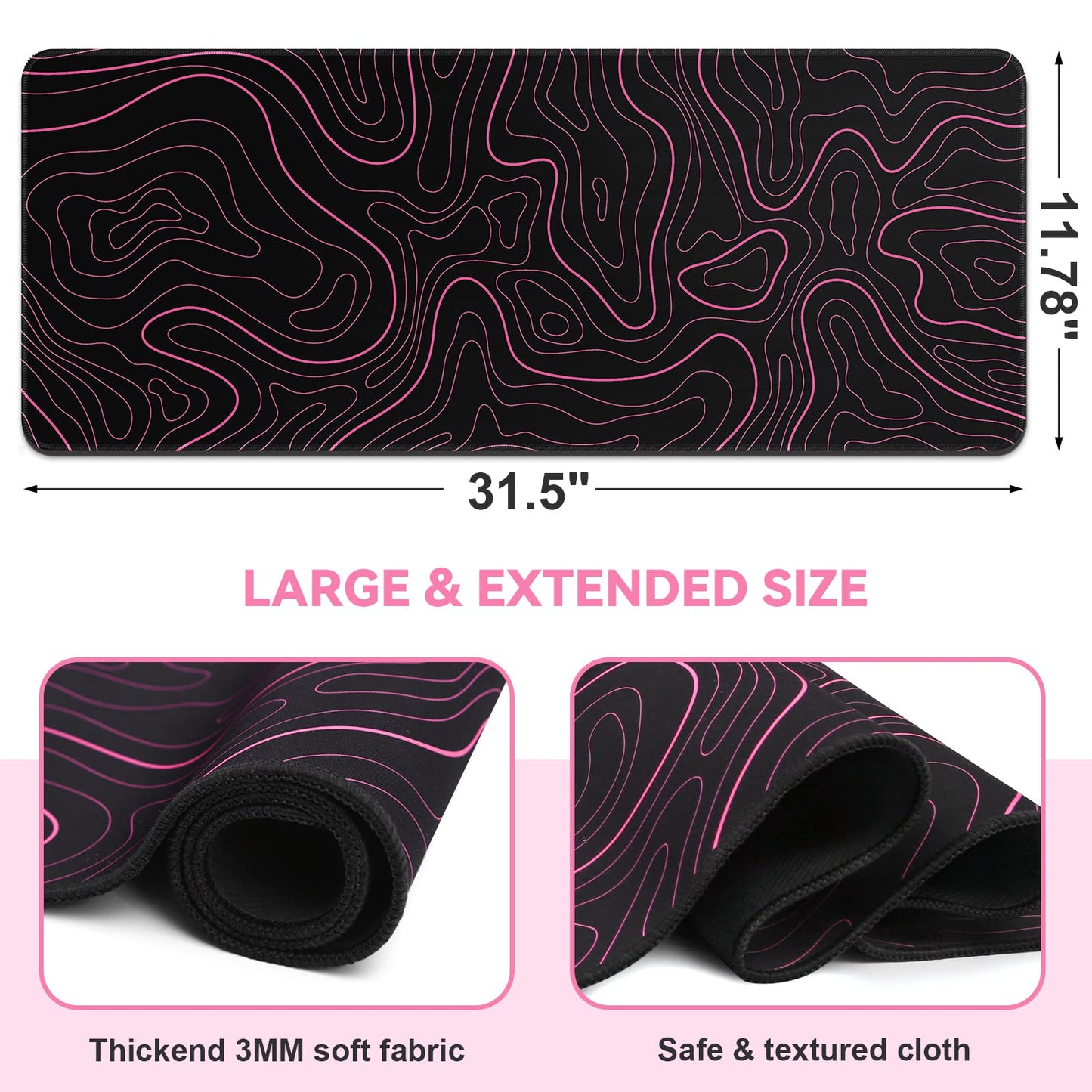 DIGSOM Gaming Mouse Pad, Black with Red Topographic Line, 31.5x11.8in