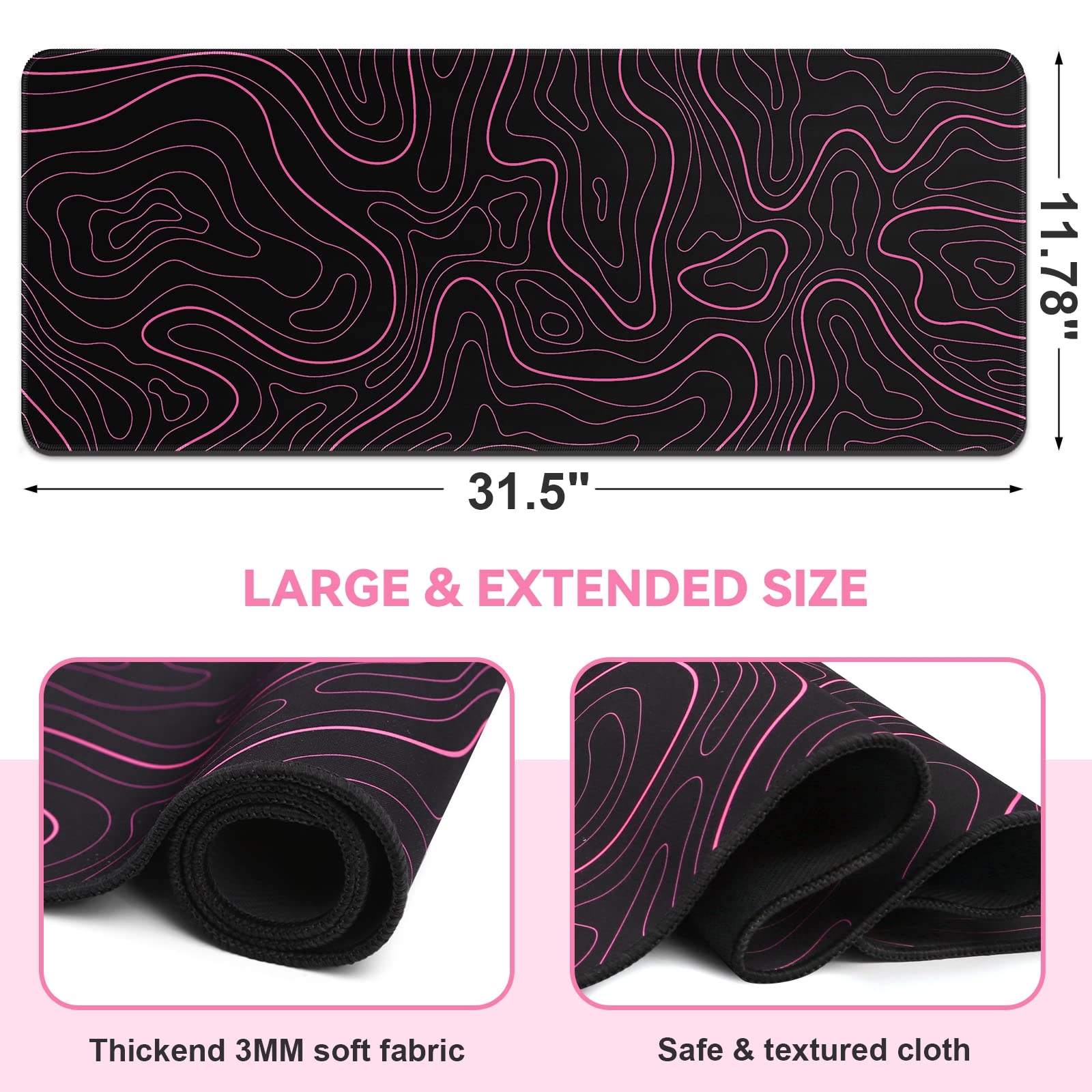 DIGSOM Gaming Mouse Pad, Black with Red Topographic Line, 31.5x11.8in