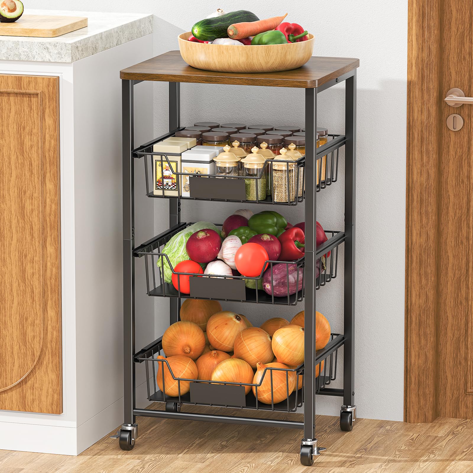 XYZLVSI 4 Tier Rolling Kitchen Cart Fruit Vegetable Storage Basket Rack