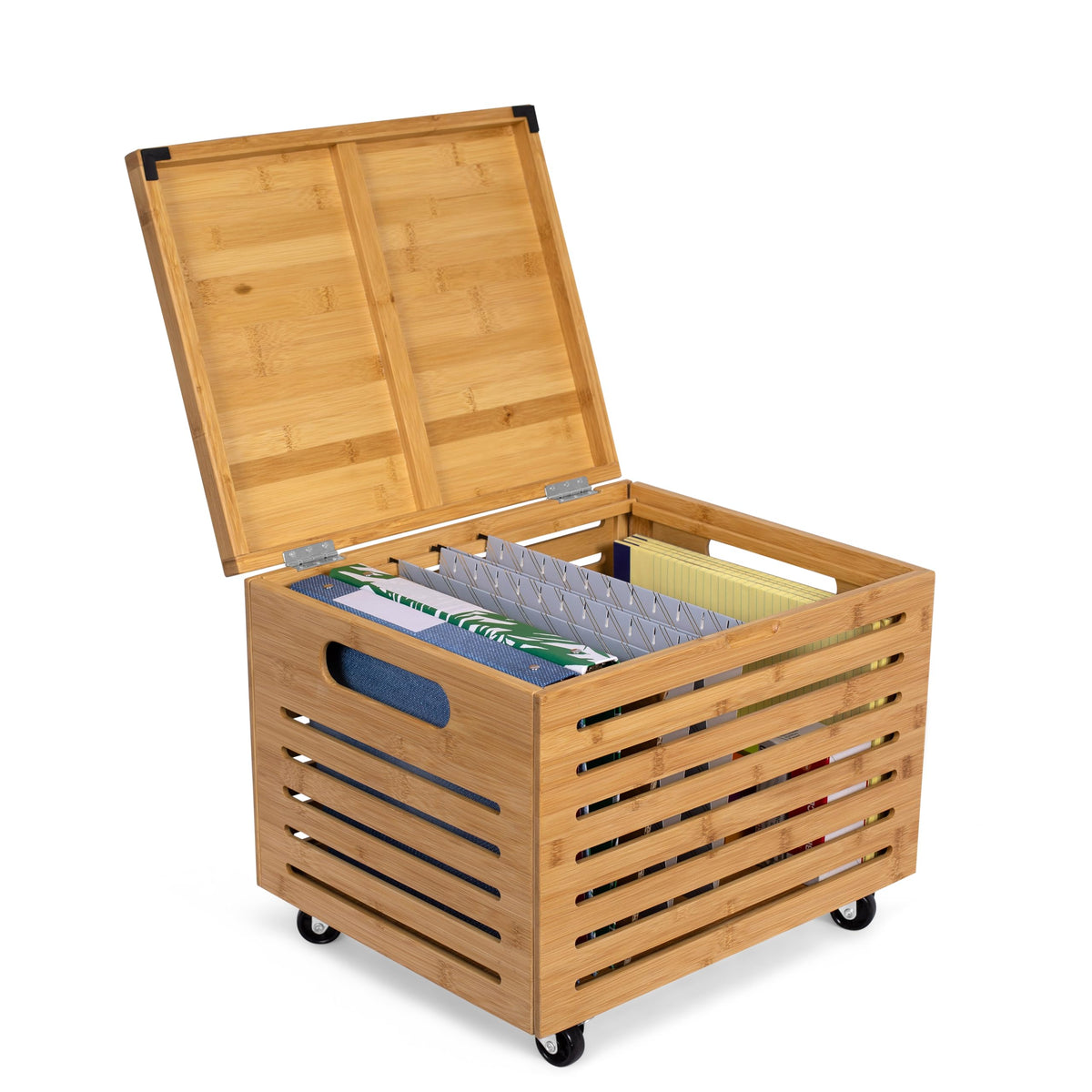 BIRDROCK HOME Bamboo Rolling File Storage Organizer Box with Lid - Decorative File Cabinet on