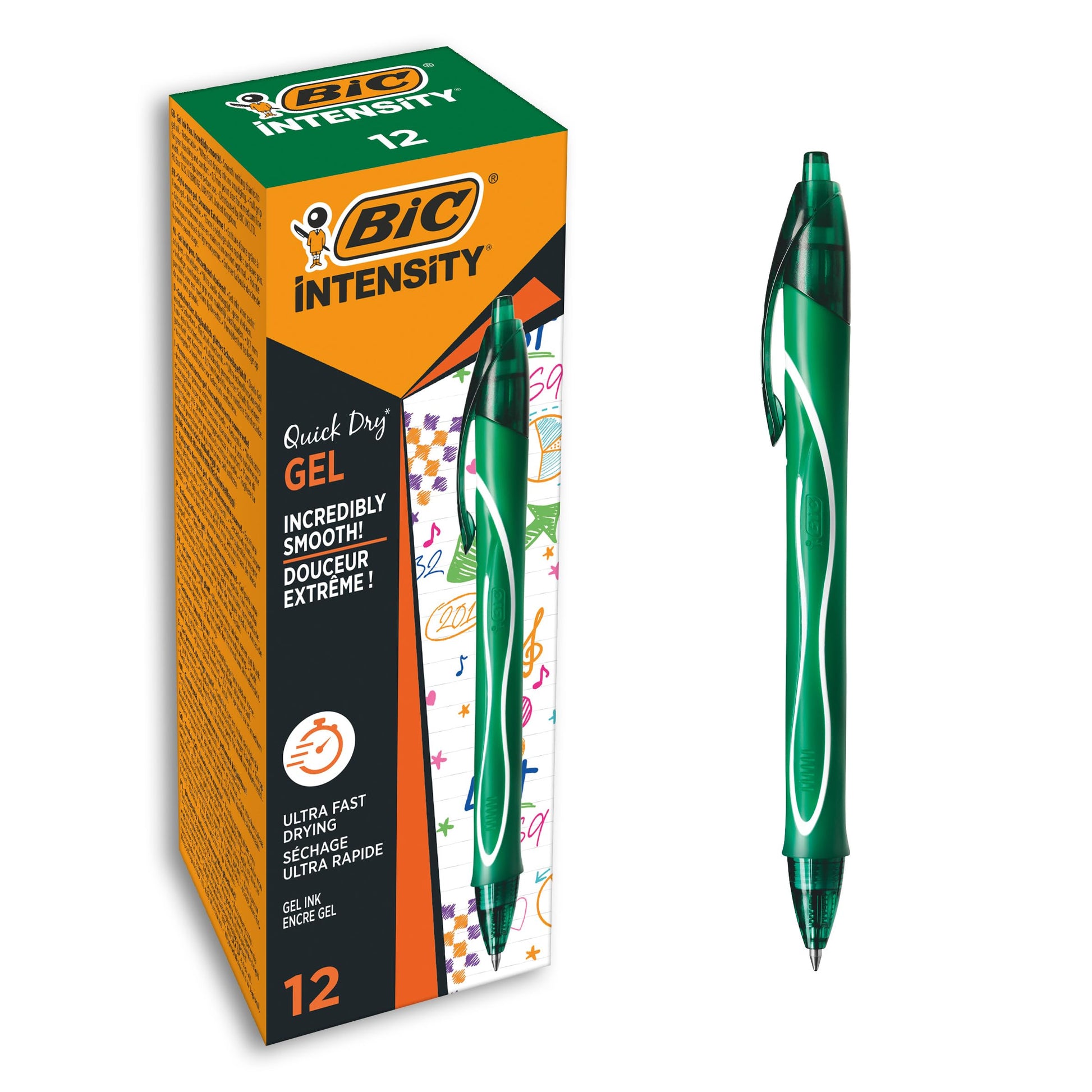BIC Gel-ocity Quick Dry Gel Pens, Medium Point (0.7 mm), Green, Box of 12, Retractable Pen with