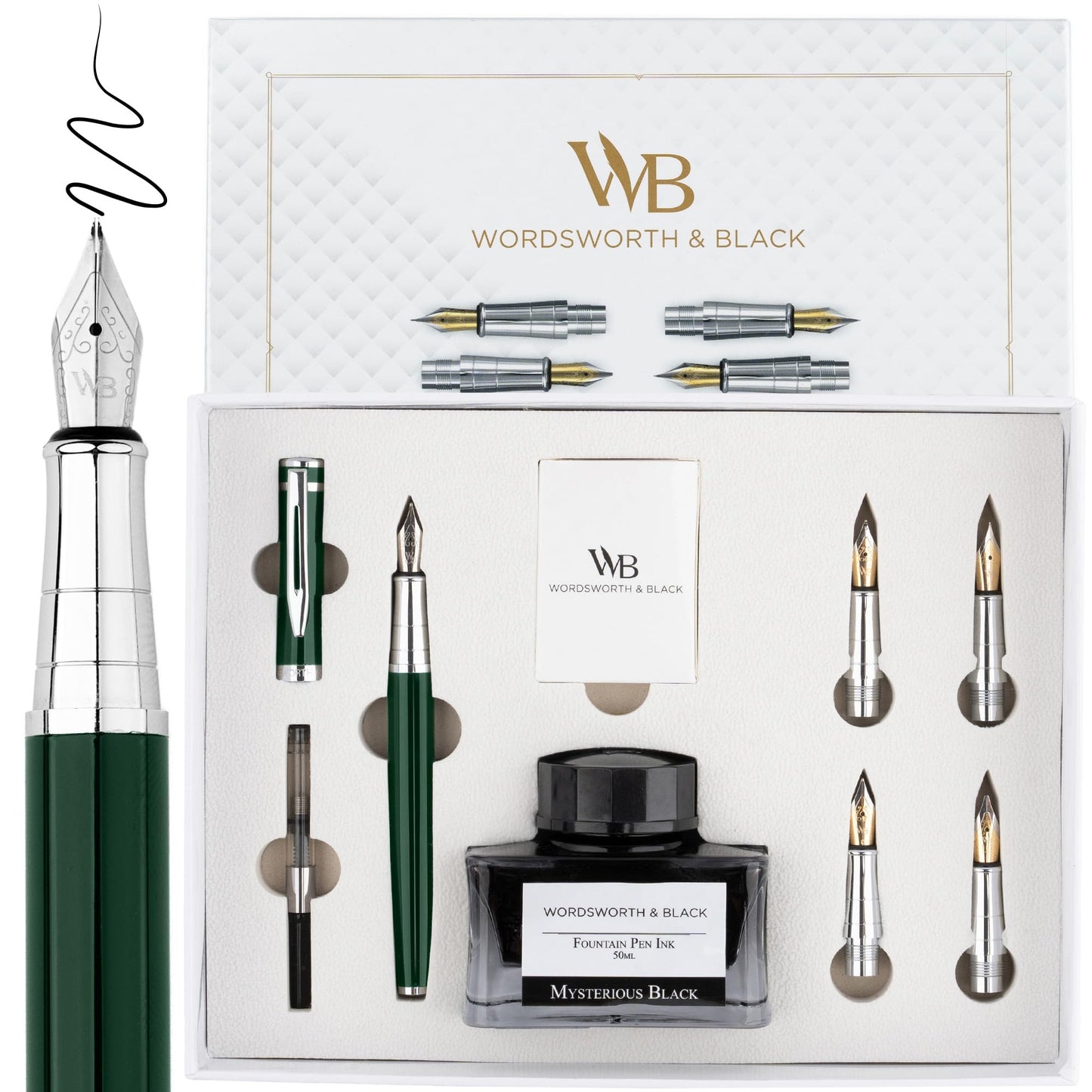Wordsworth & Black Luxury Fountain Pen Set for Writing, 6 Nibs, Green
