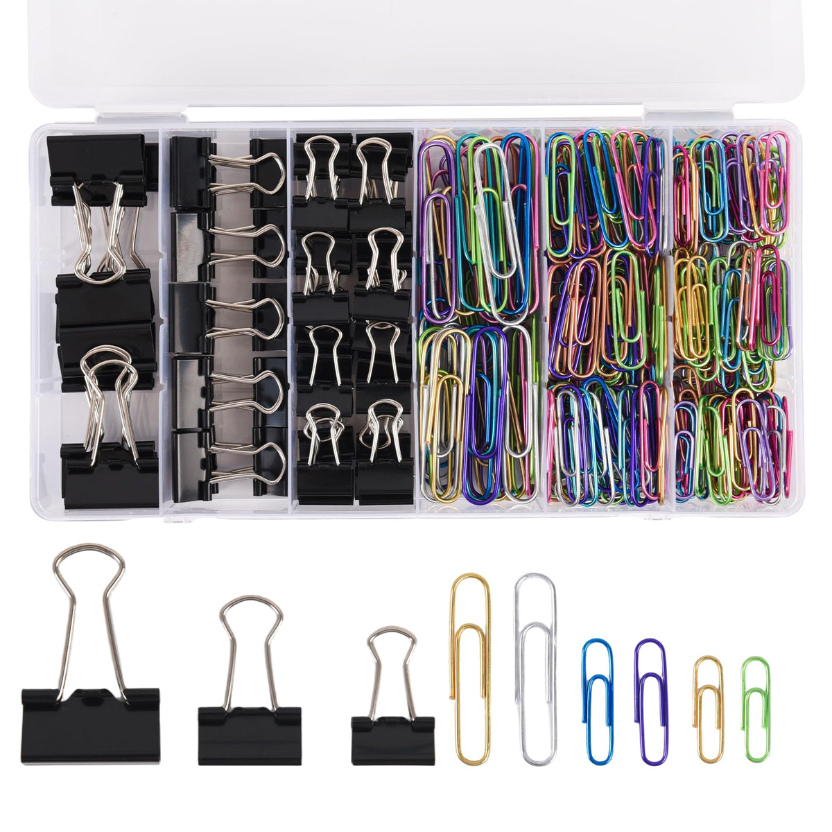 Colored Paper Clips and Black Binder Clips for Office Home School Supplies