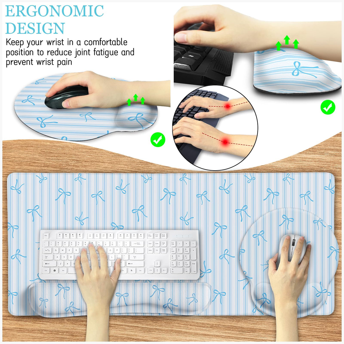 LIMKRIAN Blue Striped Mouse Pad Set Large Desk Mat for Keyboard and Mouse