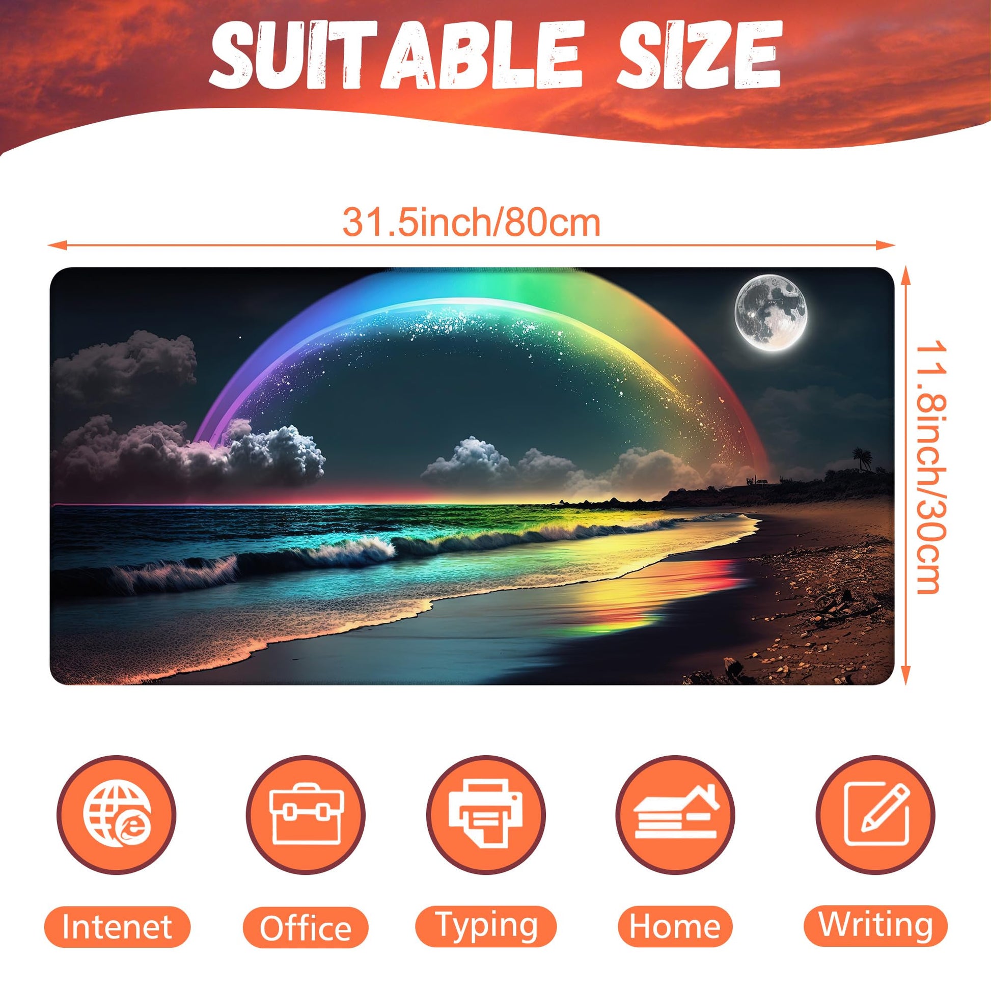 KOAIWPAE Desk Mat, Rainbow and Full Moon Desk Pad, Beach at Night Large Gaming Mouse Pad for Desk