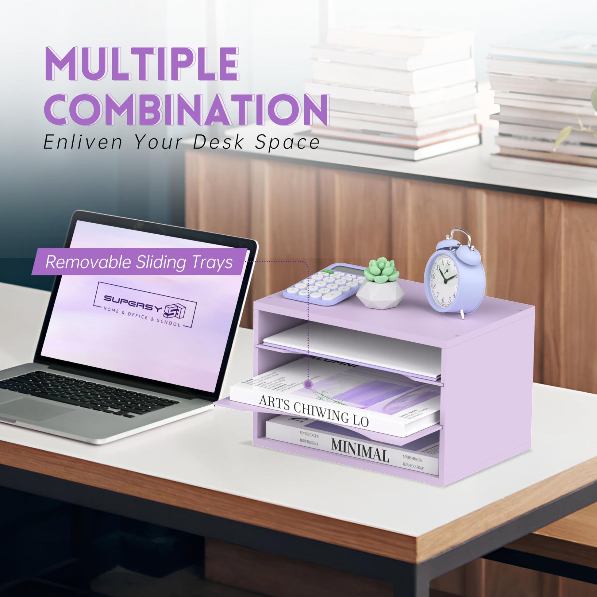 3 Tier Wood Desk Organizer, Paper Organizer for Desk, Purple