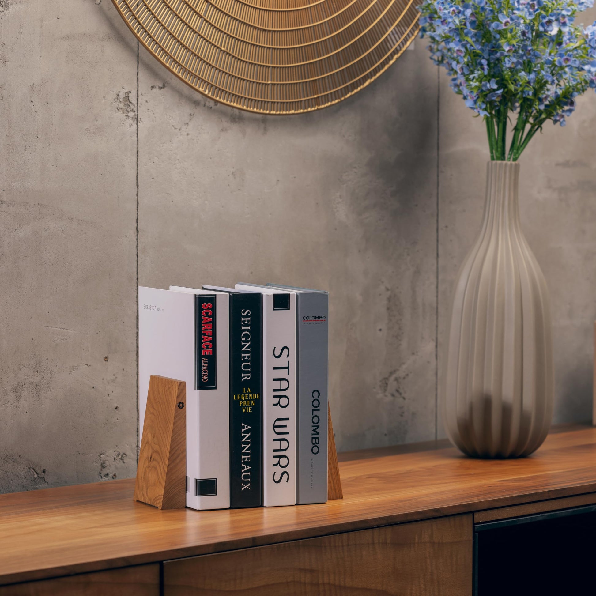 TILISMA Book Ends for Shelves - Handmade Wooden Bookends with Metal Base, Walnut Tree - Sturdy Book