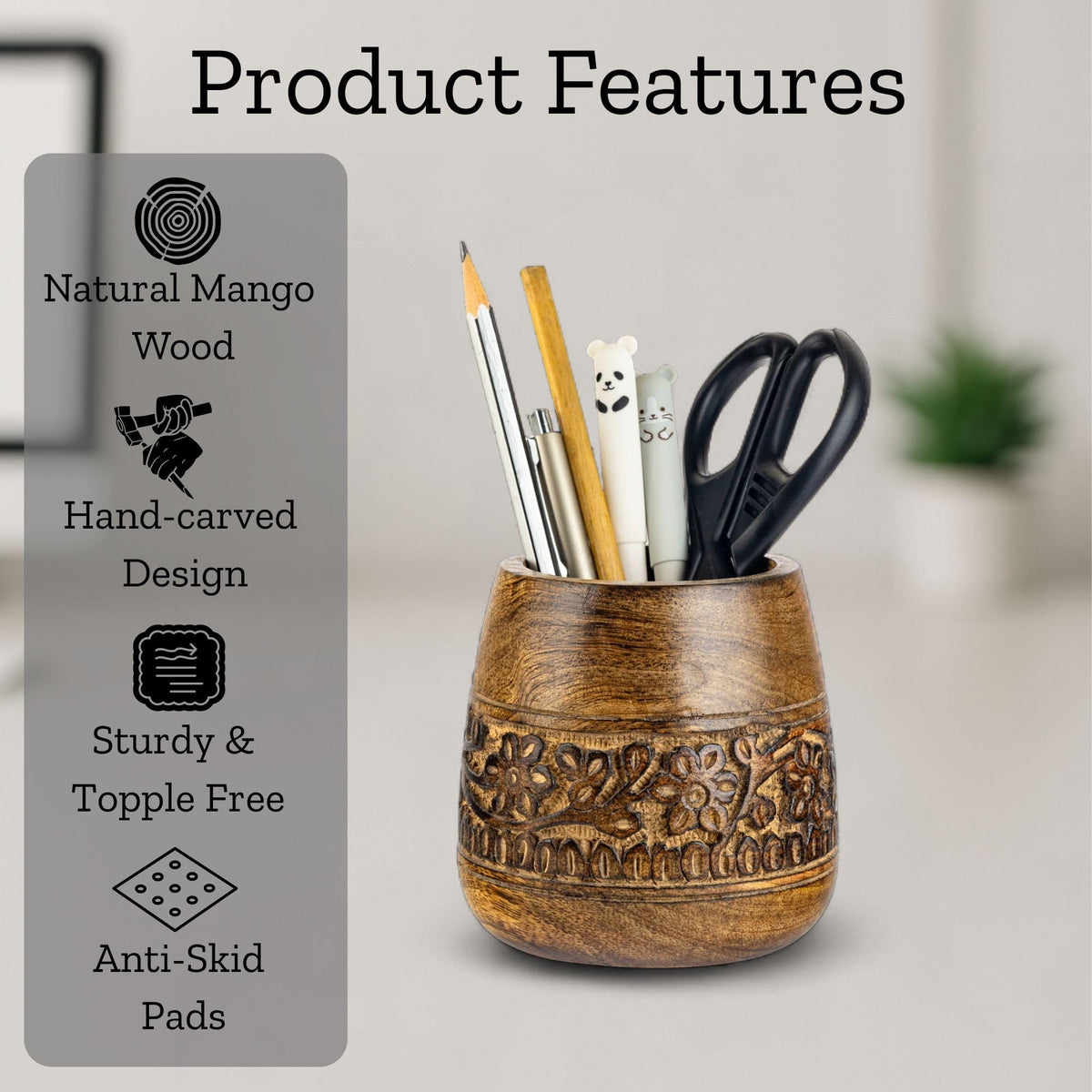 Mie Creations Rustic Pencil Holder, Wooden Pen Stand, Table Desk Organizer
