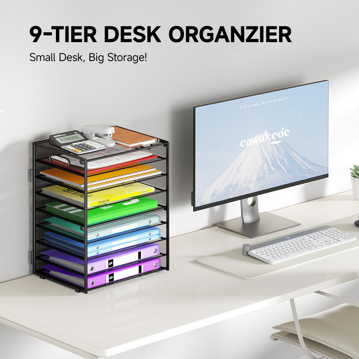 Cawukege 9 Tier Paper Organizer with Handle, Black Large Capacity Desk Organizer Mesh File Folder