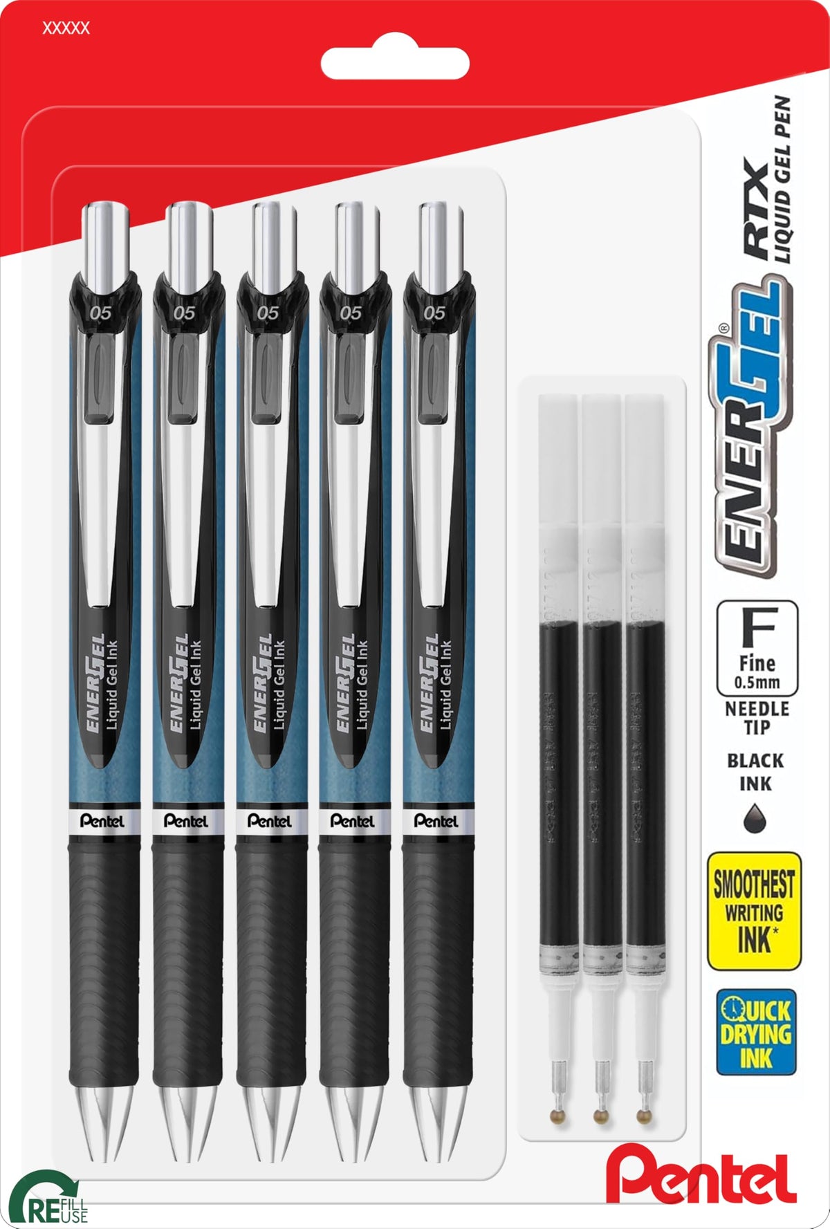 Pentel Energel 0.5 mm Needle Tip Pens - Energel RTX Retractable Liquid Gel Pen Set - Pack of 5