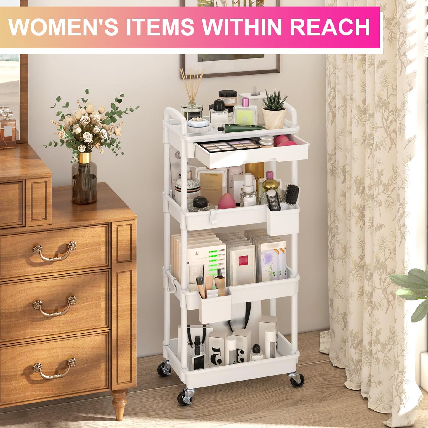 Goovilla 4 Tier Rolling Utility Cart Organizer with Removable Drawer, White
