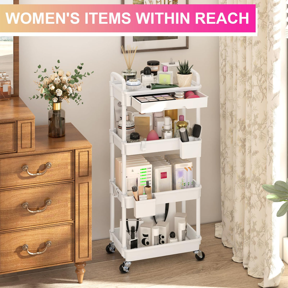 Goovilla 4 Tier Rolling Utility Cart Organizer with Removable Drawer, White