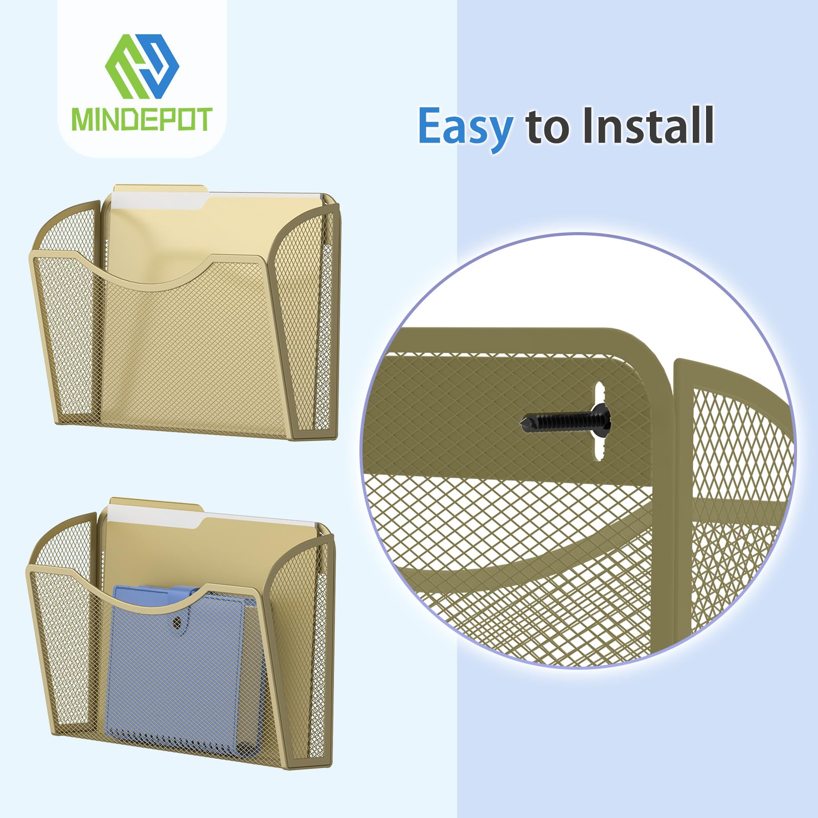 MINDEPOT Wall File Organizer, Hanging Wall File Holder, 3 Pack, Gold