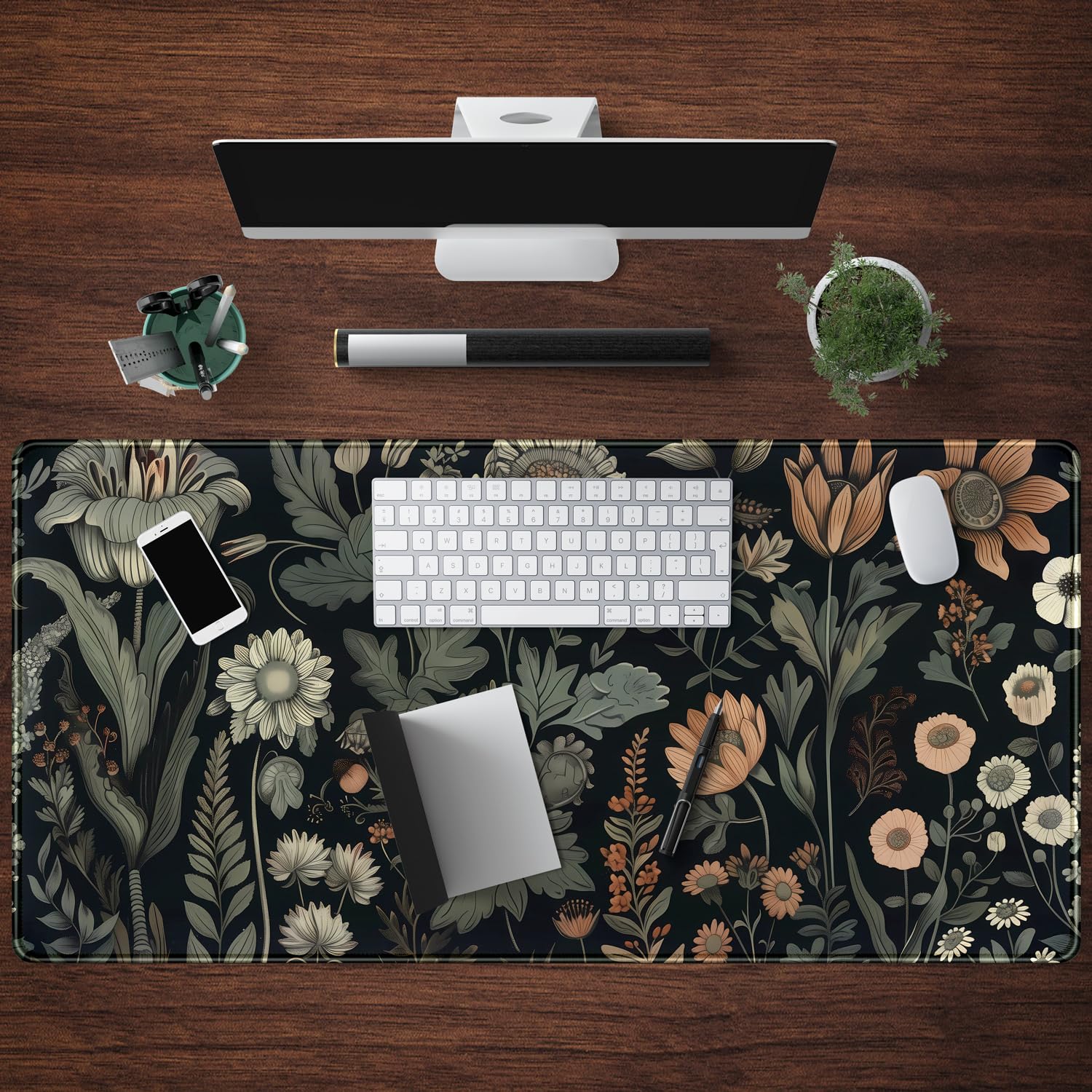 Aesthetic Vintage Dark Flower Plants Wildflowers Large Gaming Mousepad XXL Keyboard Mouse Mat Full
