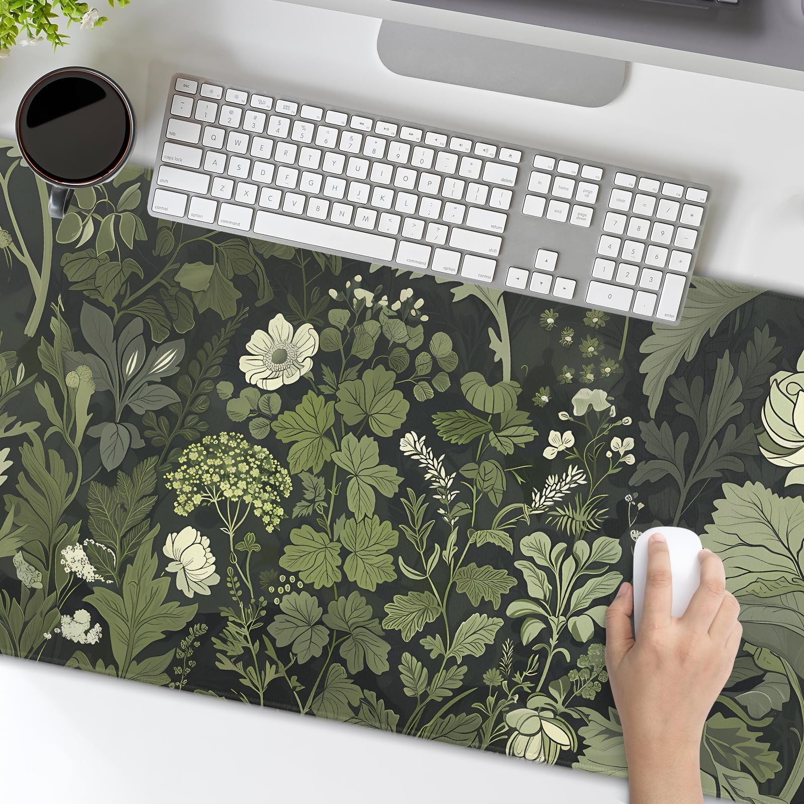 Sage Green Floral Mouse Pad XXL 35.4 X 15.7 Inch Plant Flower Pattern Botanical Design Extended