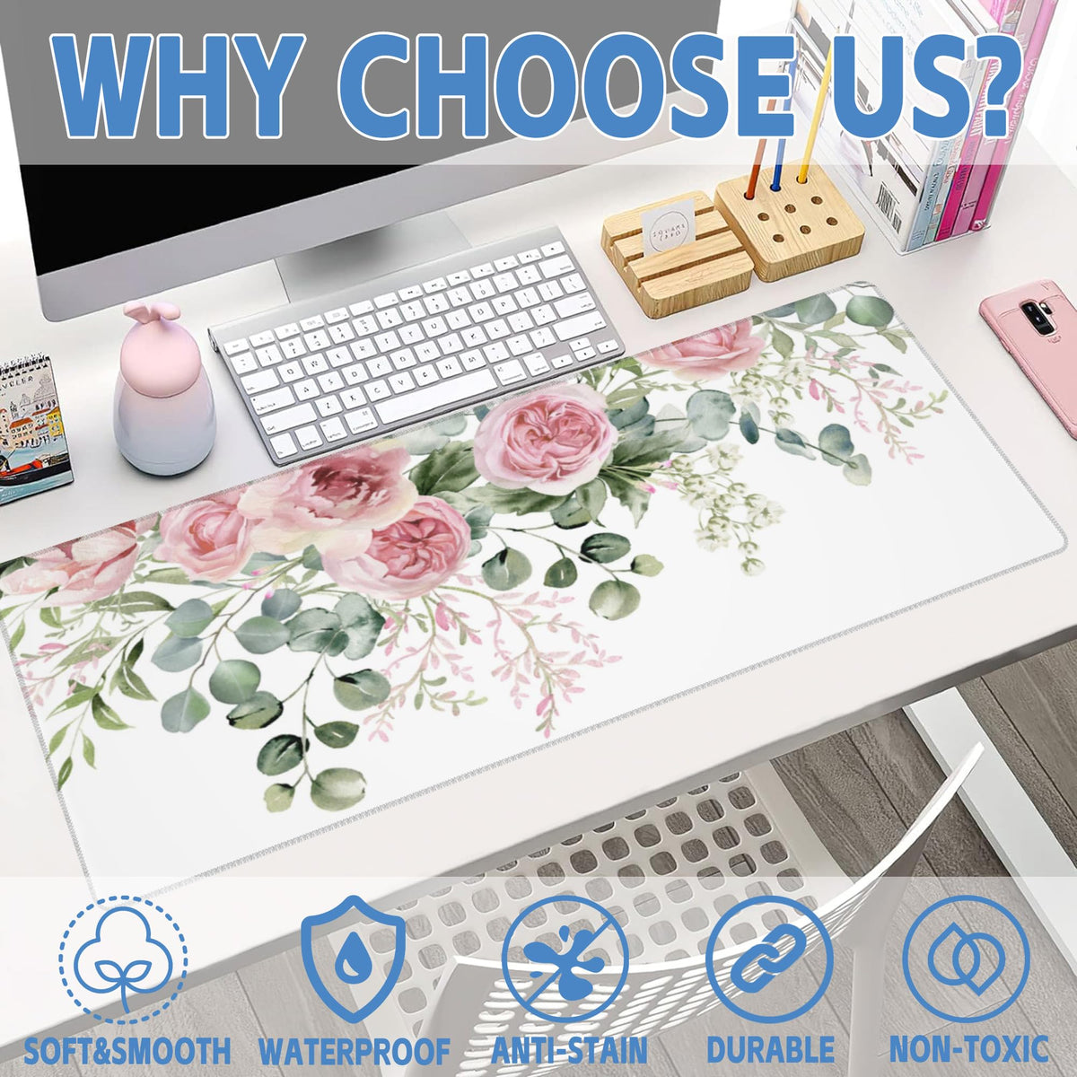 Desk Mat,Peony Flowers and Eucalyptus Leaves Large Gaming Mouse Pad for Desk XL,Pink Floral Desk
