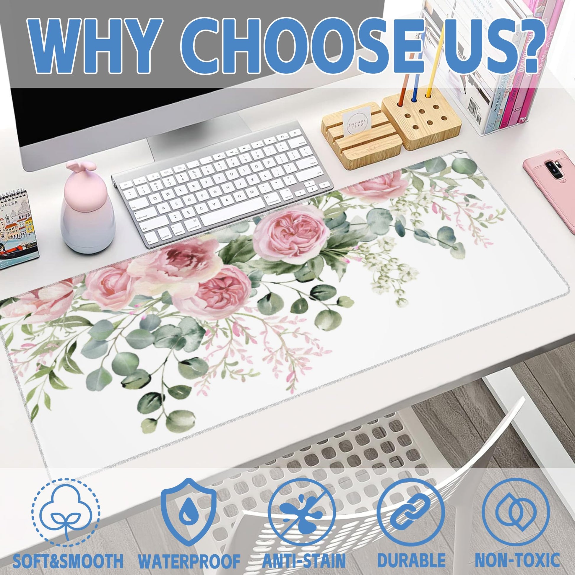 Desk Mat,Peony Flowers and Eucalyptus Leaves Large Gaming Mouse Pad for Desk XL,Pink Floral Desk