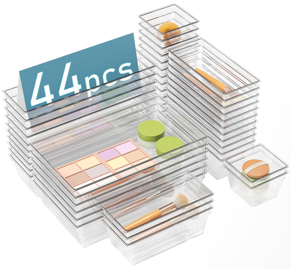 DCA 44 PCS Clear Drawer Organizer Set, 4 Sizes Vanity Trays