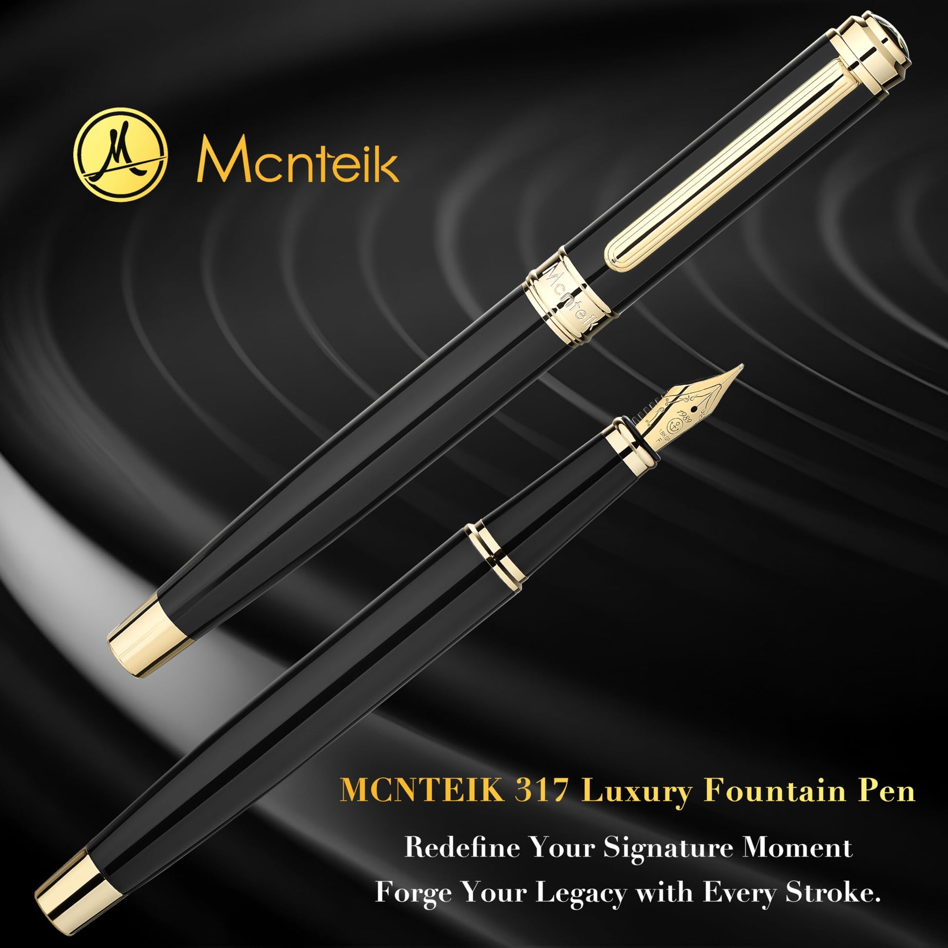 MCNTEIK 317 Fountain Pen,Stunning Luxury Black Piano Lacquer,18K Gilded Nib(Fine),Gorgeous 24K Gold