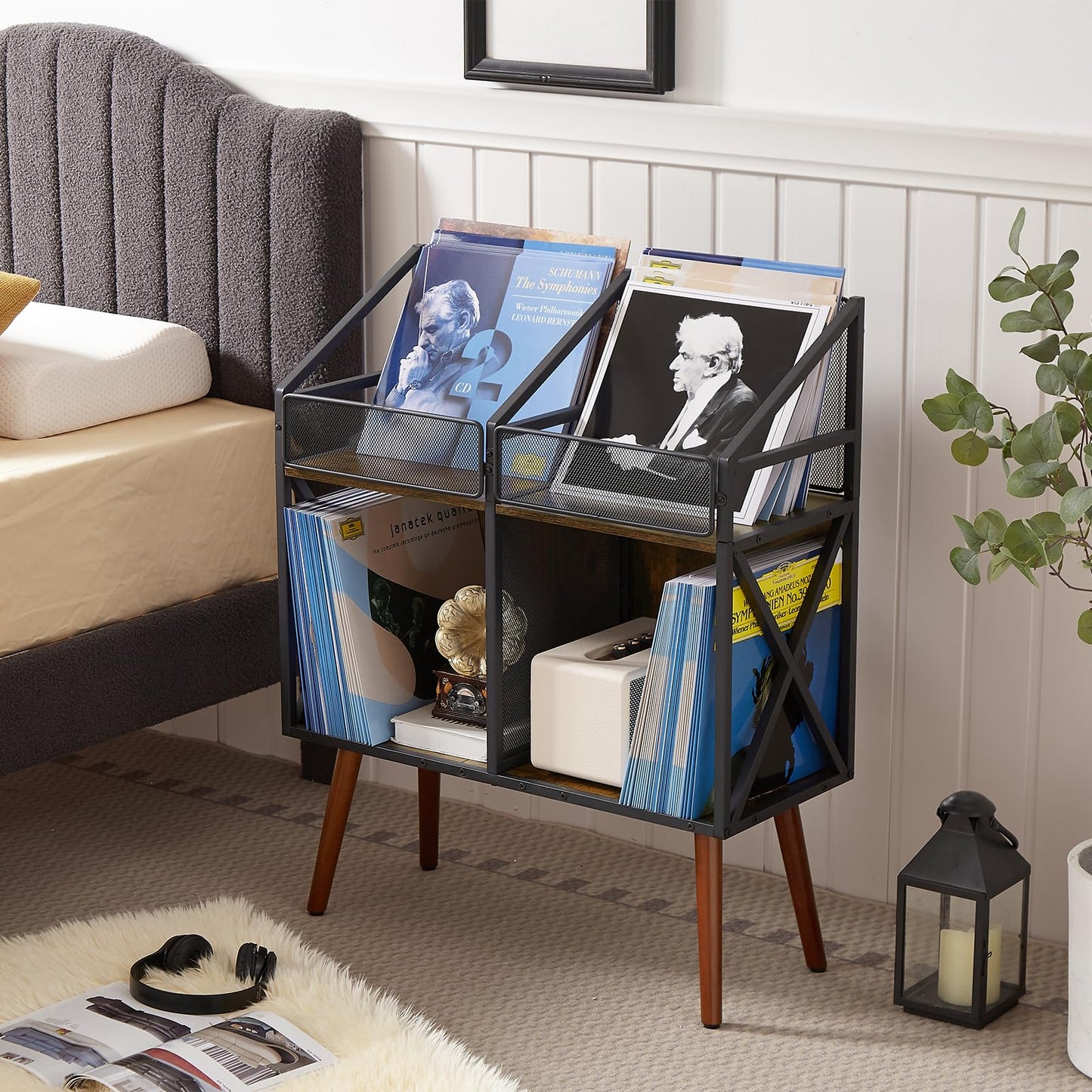 EYOCAL Vinyl Record Storage Holder Rack,250 LP Wooden Record Display Table for Albums Books