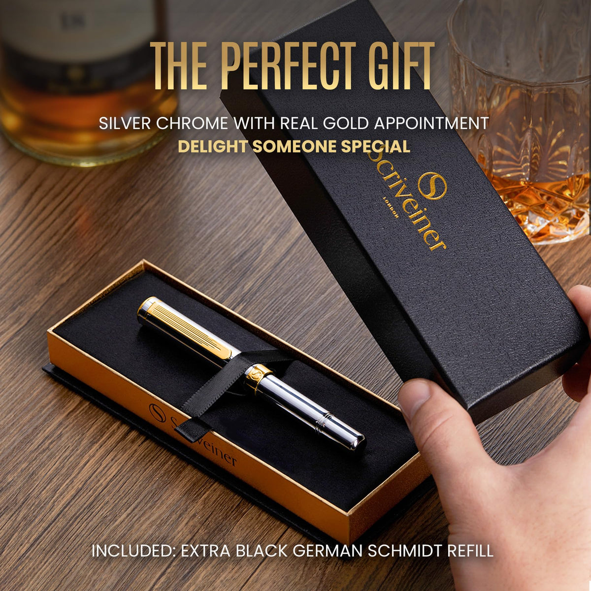 Scriveiner Silver Chrome Fountain Pen (Fine), Award Winning, Heavy Pocket Stunning Luxury Pen, Real