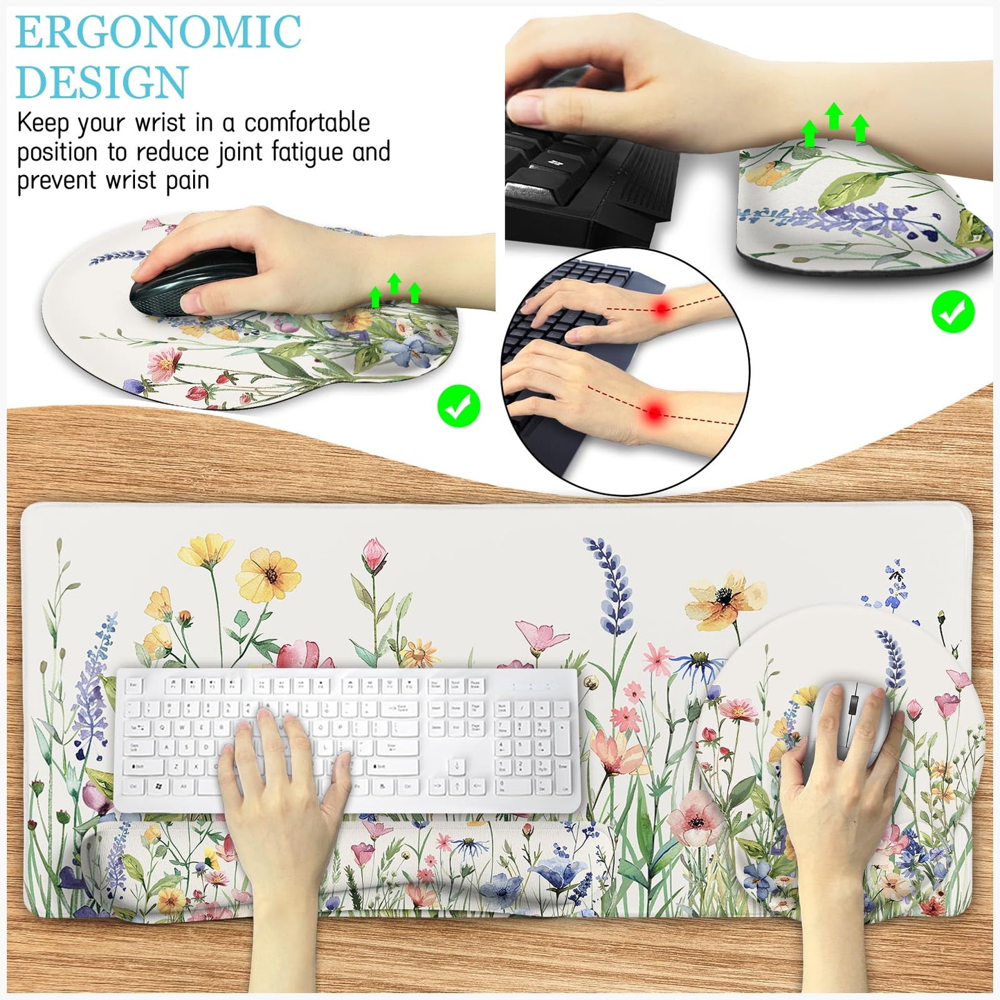 LIMKRIAN Flower Mouse Pad Set Floral Large Desk Matt for Desktop