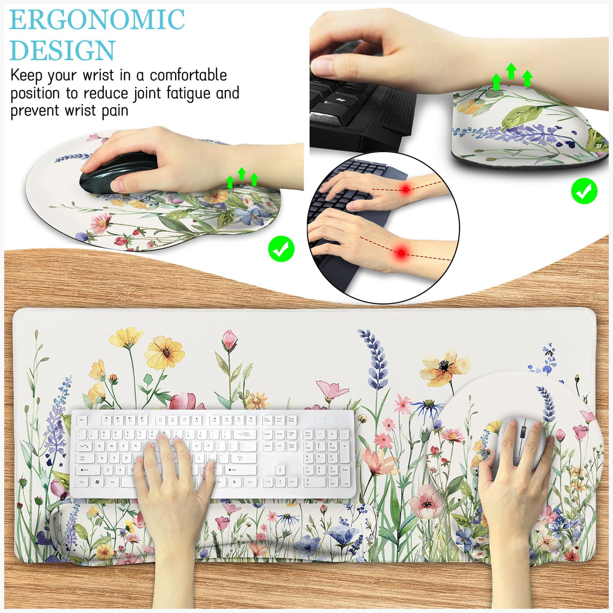 LIMKRIAN Flower Mouse Pad Set Floral Large Desk Matt for Desktop