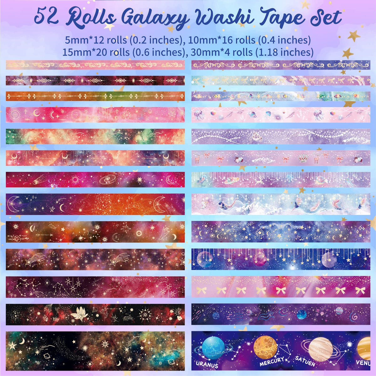 52 Rolls Gold & Silver Foil Washi Tape Set for Journaling & Scrapbooking