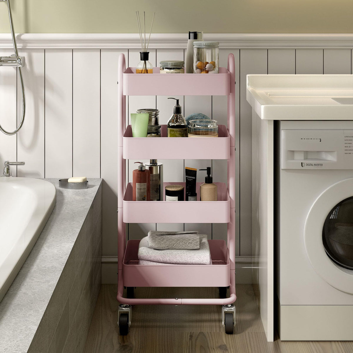 Elitehouse 4 Tier Metal Rolling Cart Pink Utility Cart with Wheels,Rolling Pink Cart for