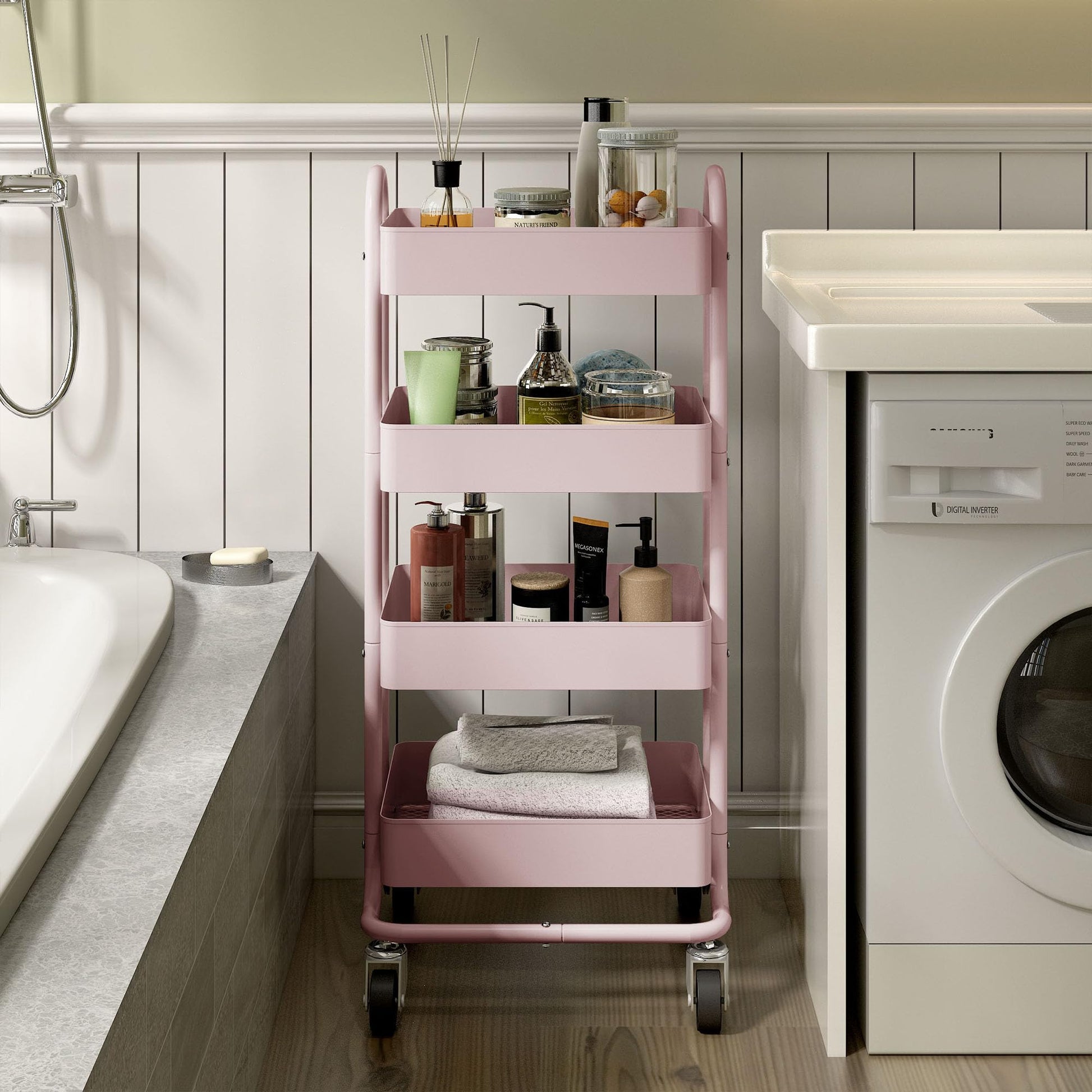 Elitehouse 4 Tier Metal Rolling Cart Pink Utility Cart with Wheels,Rolling Pink Cart for